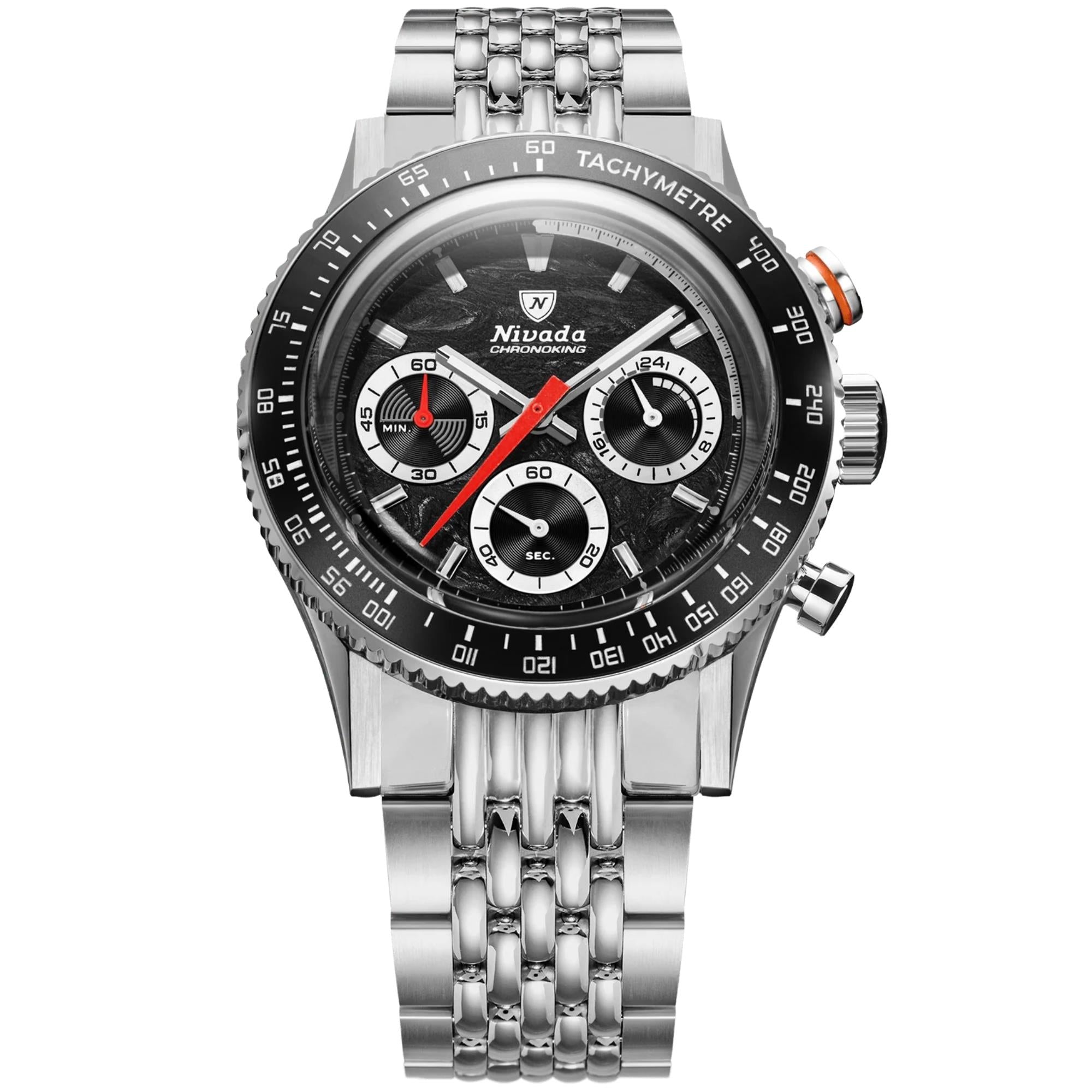 Nivada Grenchen Chronoking Mecaquartz 87048Q04 black dial front view with steel bracelet