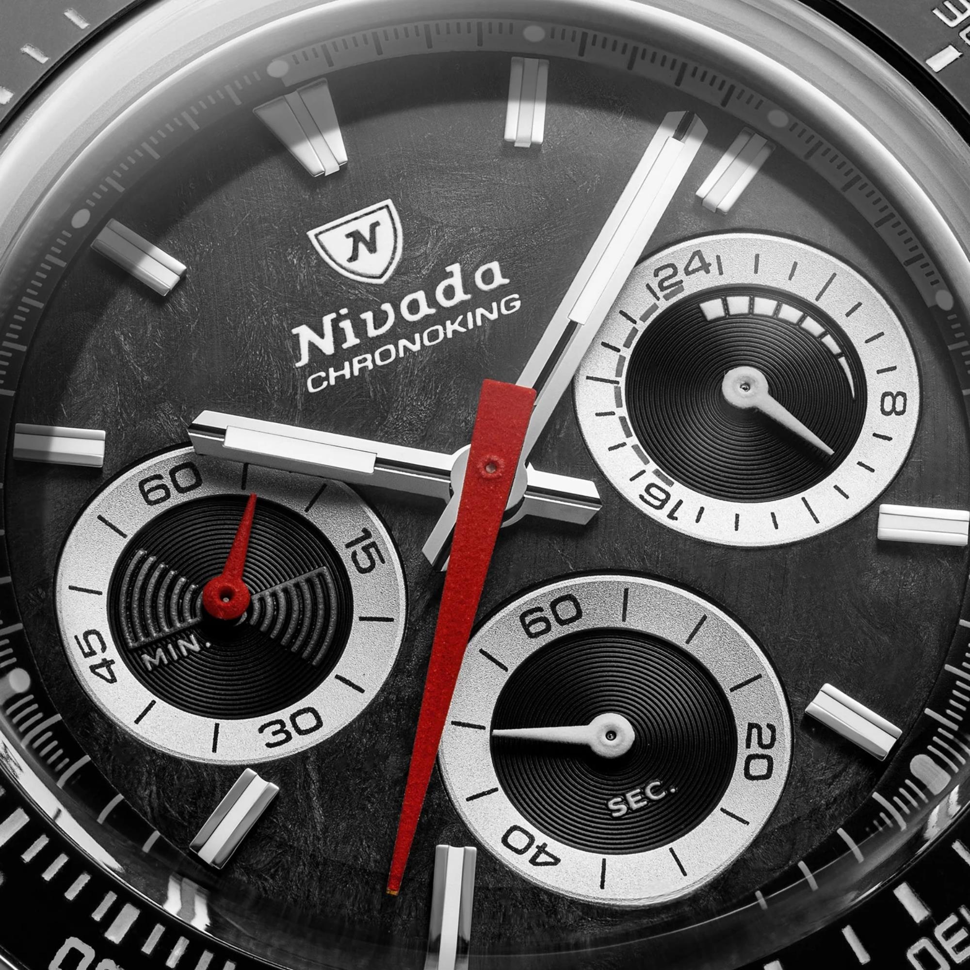 Nivada Grenchen Chronoking Mecaquartz 87048Q04 black textured dial and chronograph subdials close up