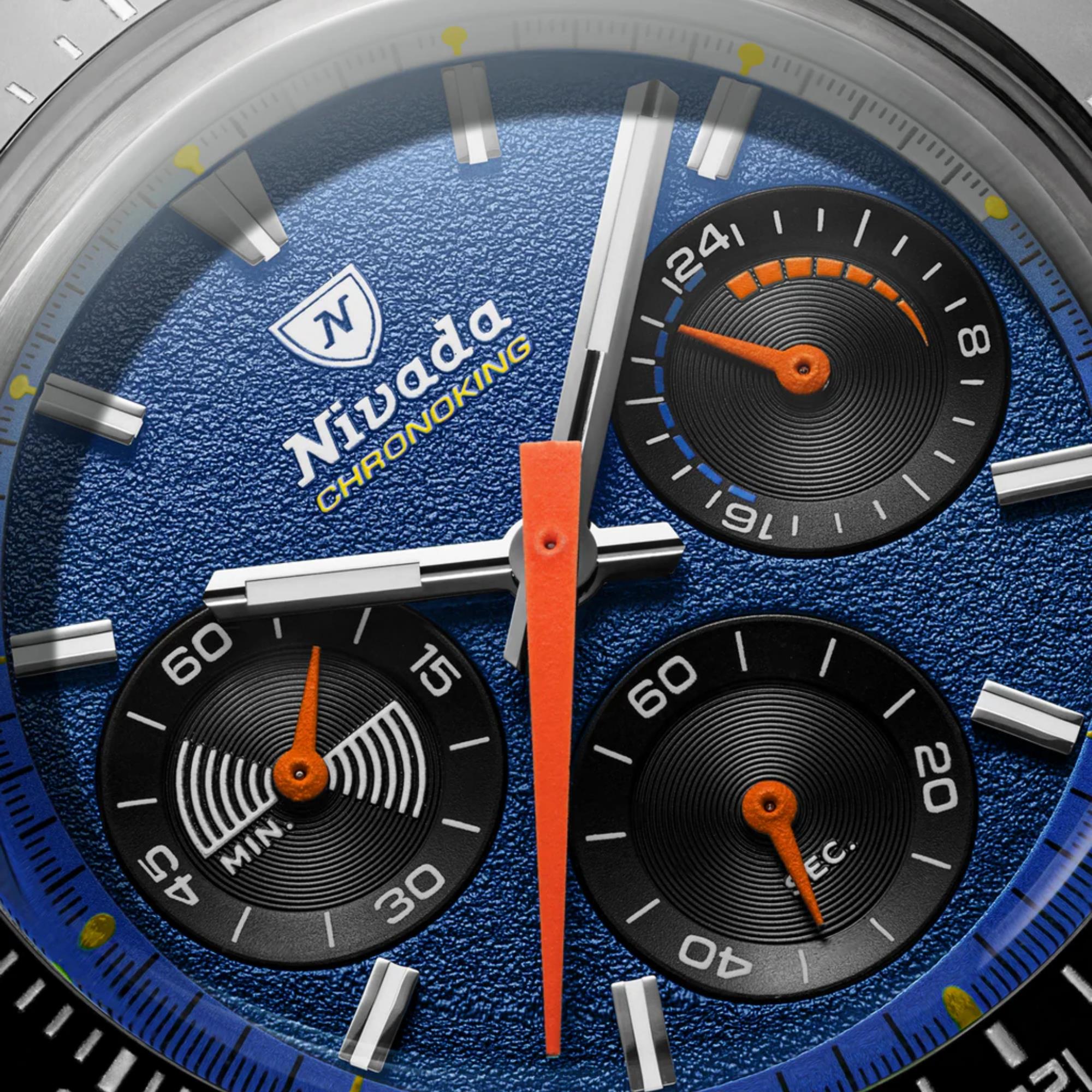 Nivada Grenchen Chronoking Mecaquartz 87050Q01 three black chronograph subdials with orange accents
