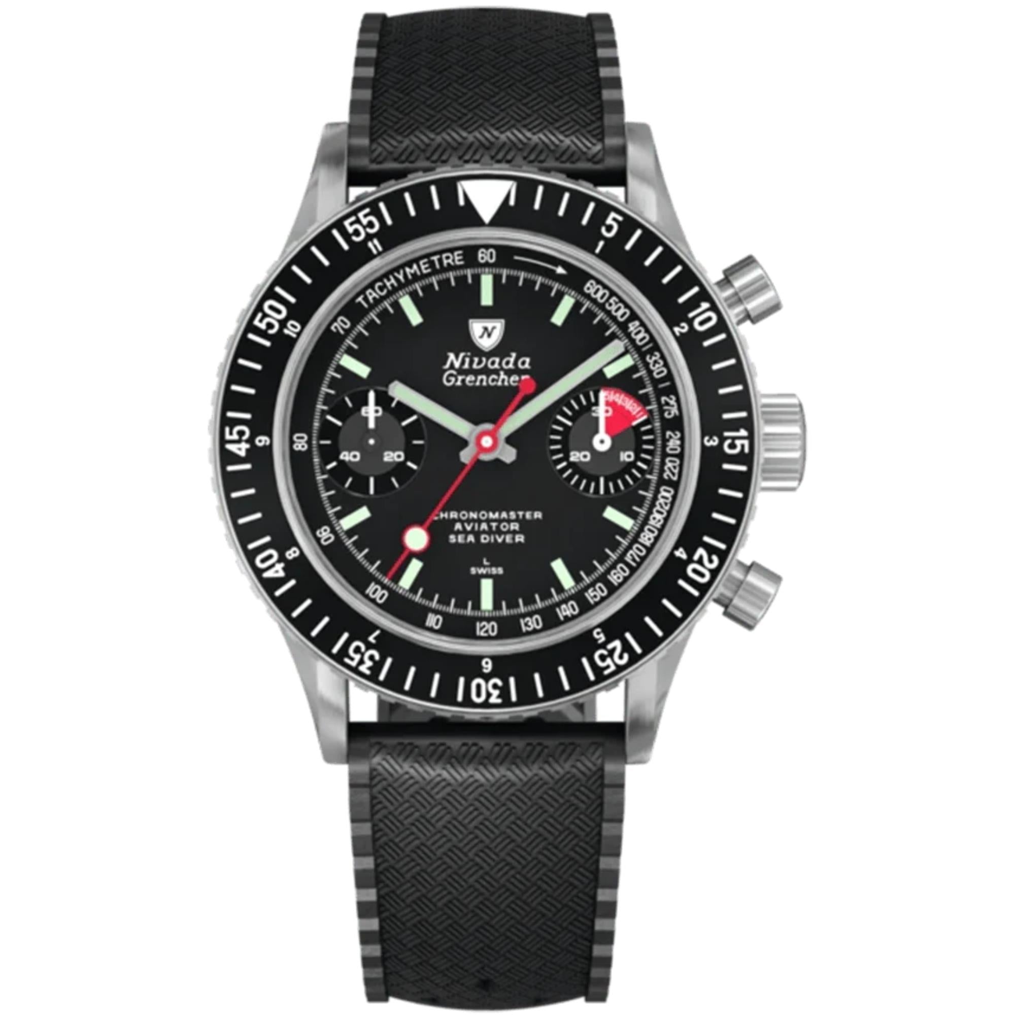 Nivada Grenchen Chronomaster 86011M01 black dial front view with textured rubber strap