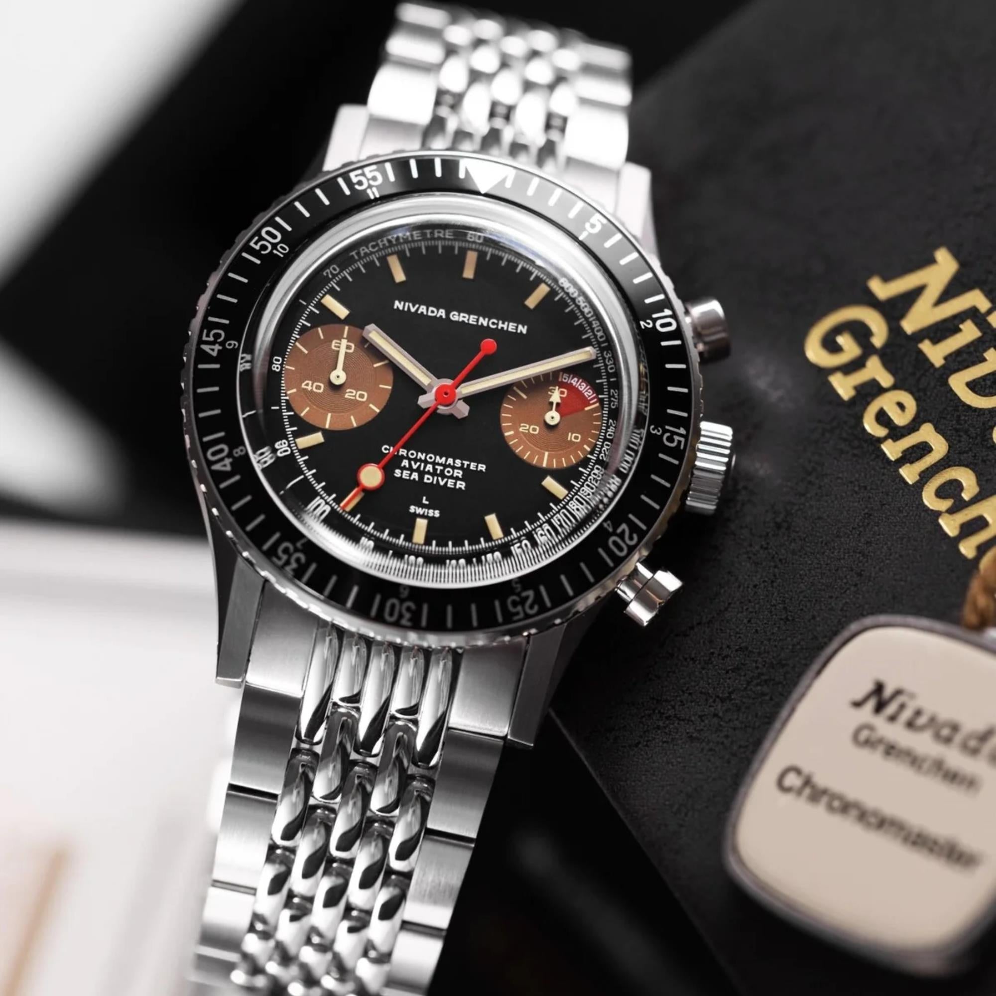 Nivada Grenchen Chronomaster 38mm Black Dial Steel Mens Manual-Wind Watch 85008M04