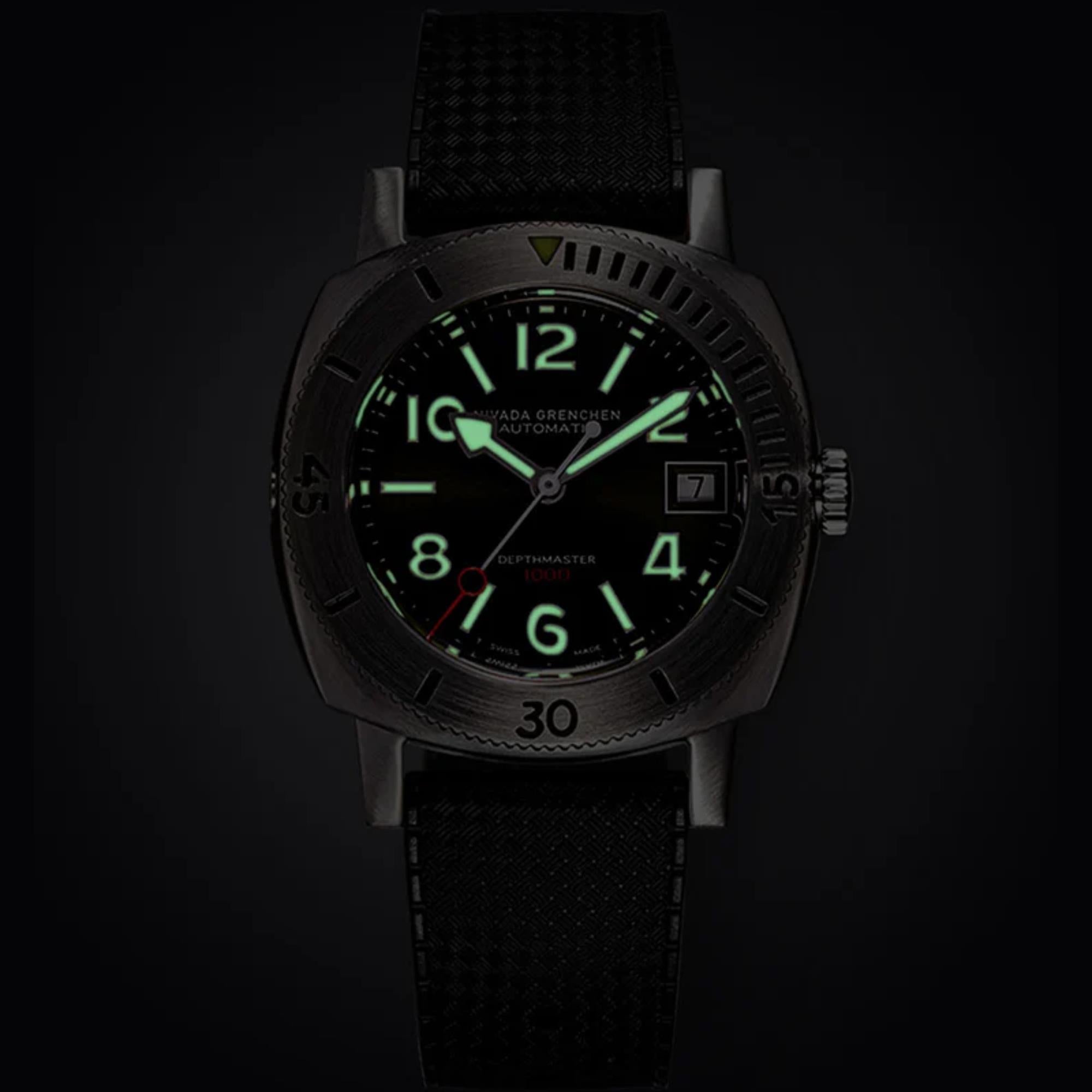 Nivada Grenchen Depthmaster 14103A01 luminous green dial and hands in the dark