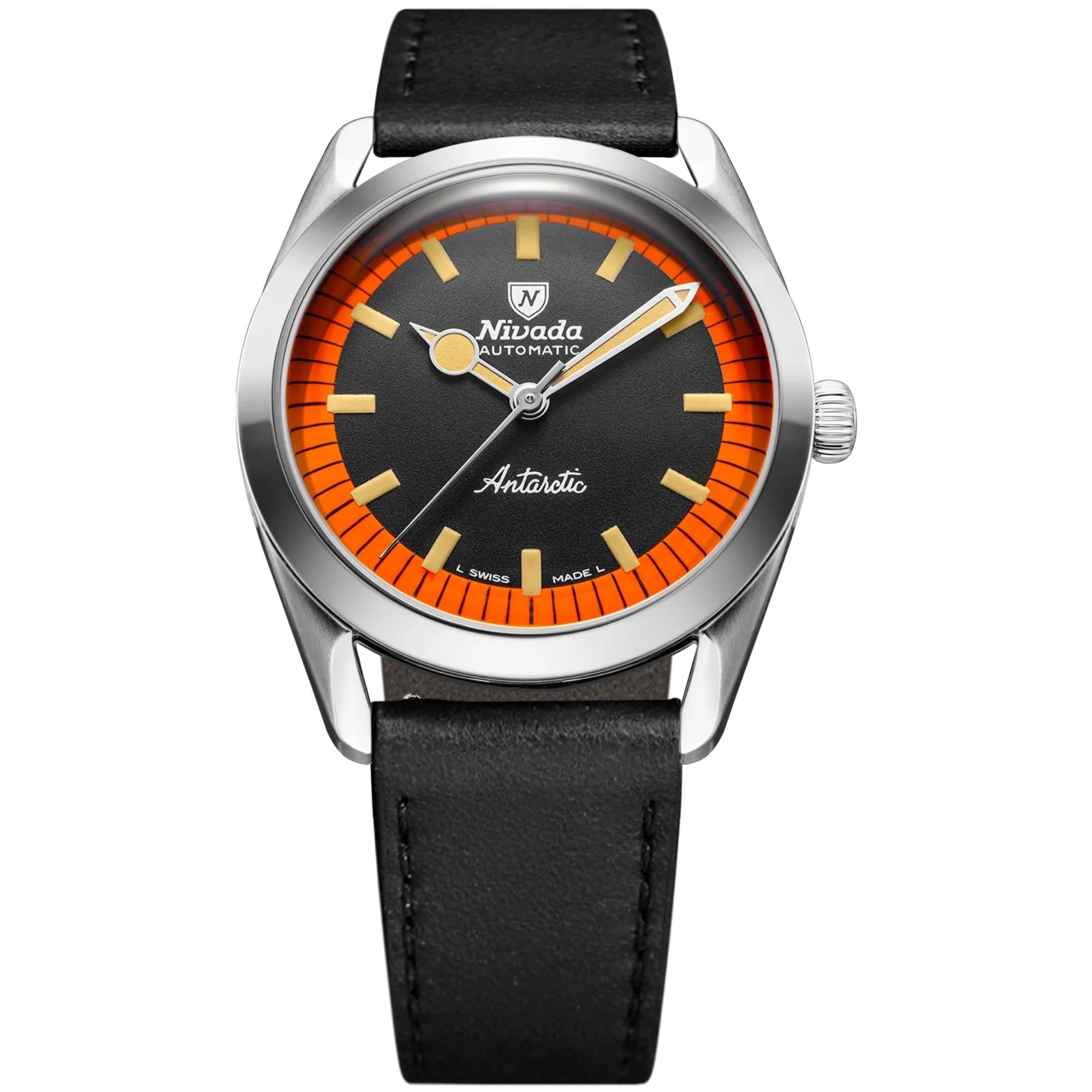 Nivada Grenchen Super Antarctic 38mm Limited Edition Black Dial Leather Mens Automatic Watch 32057A17