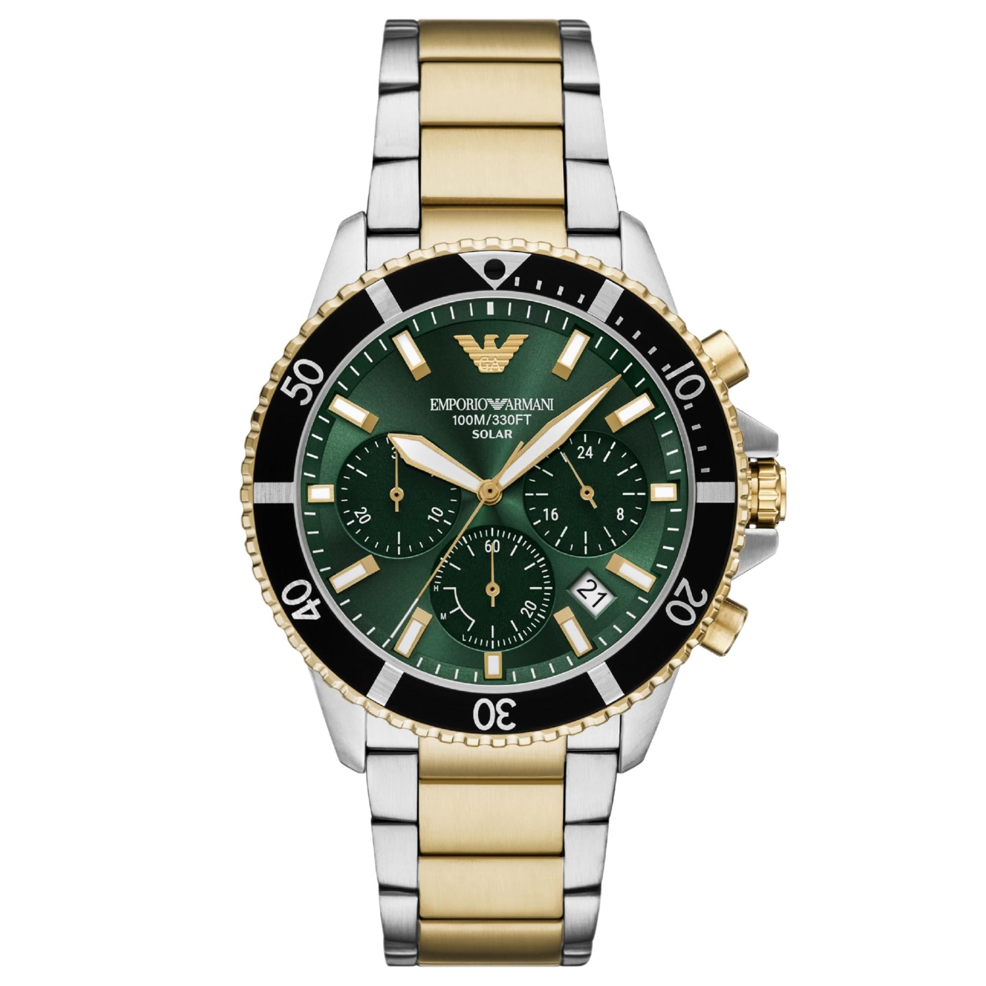 Emporio Armani World Explorer 43mm Chronograph Green Dial Steel Mens Solar Watch AR11695
