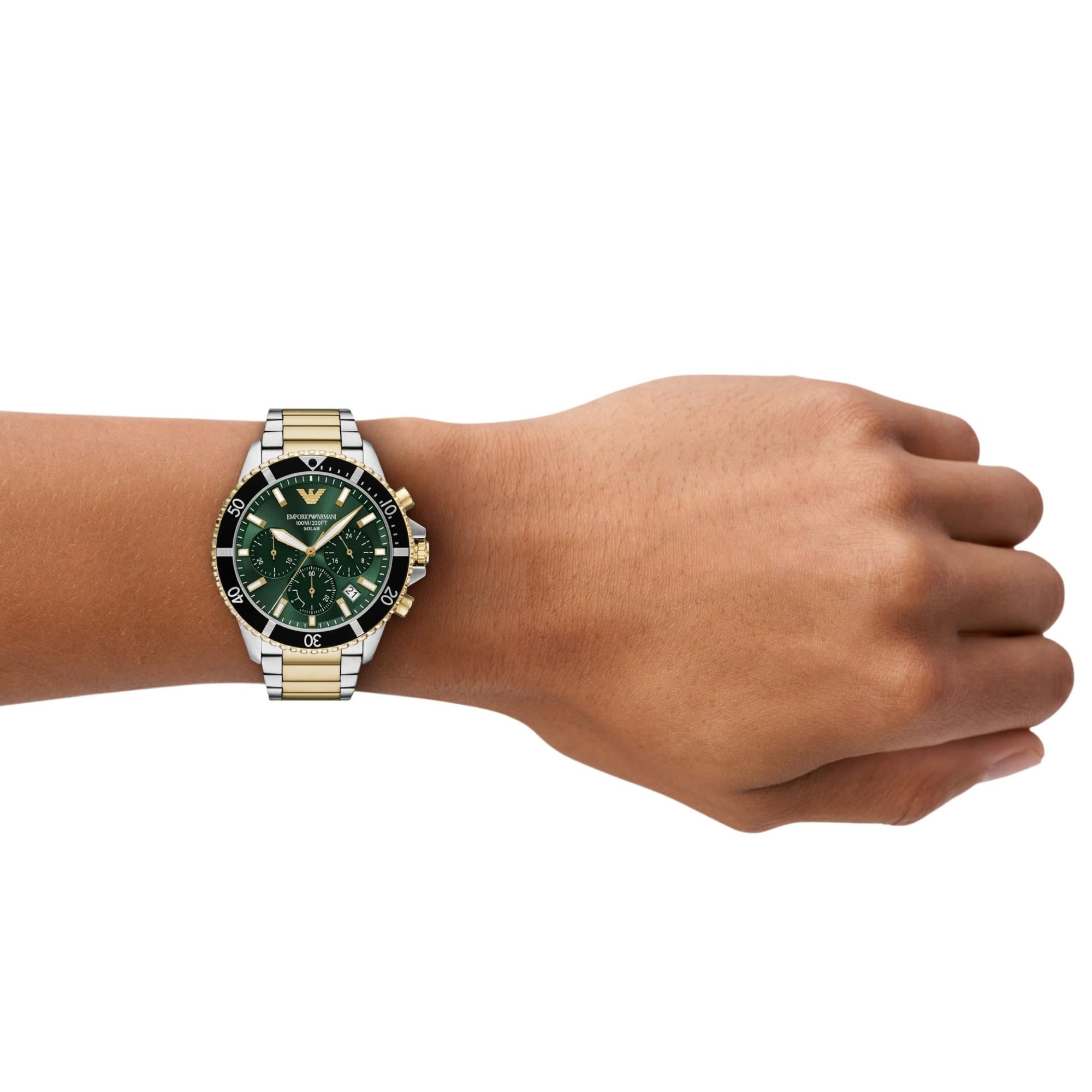 Emporio Armani World Explorer 43mm Chronograph Green Dial Steel Mens Solar Watch AR11695