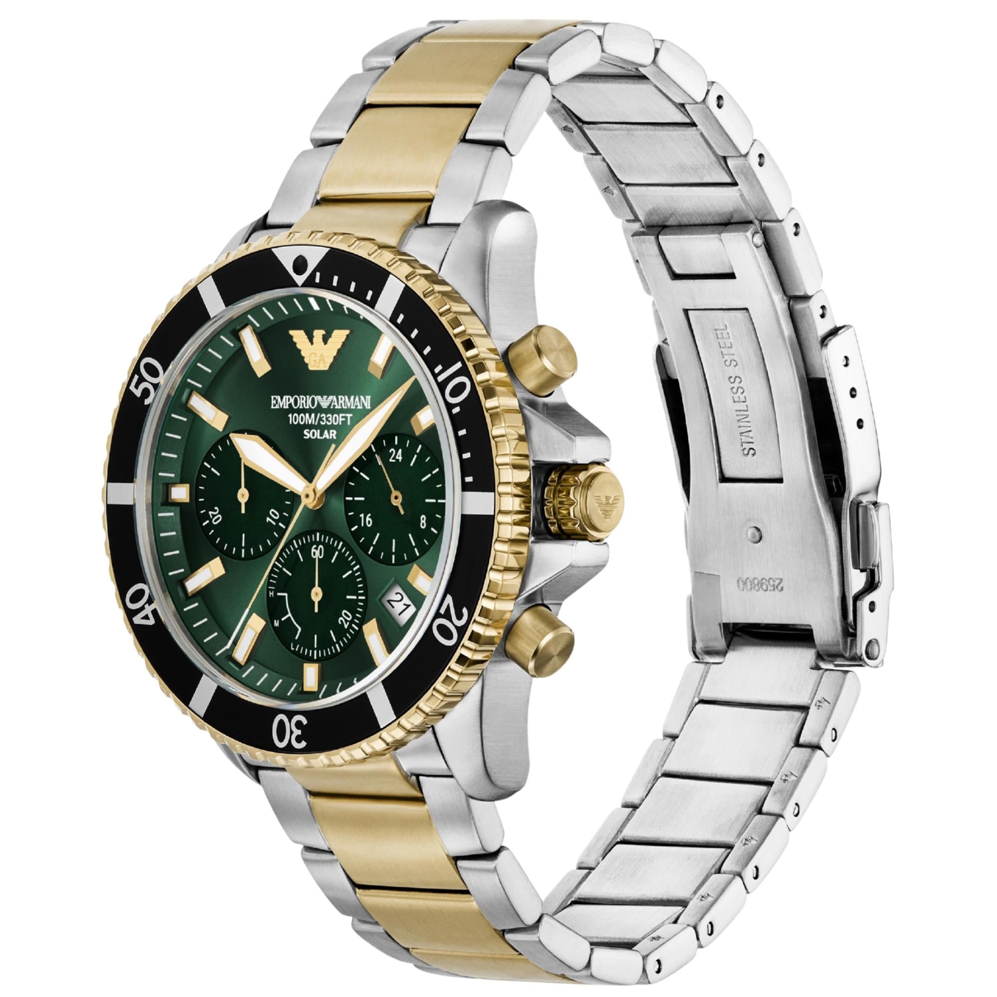 Emporio Armani World Explorer 43mm Chronograph Green Dial Steel Mens Solar Watch AR11695