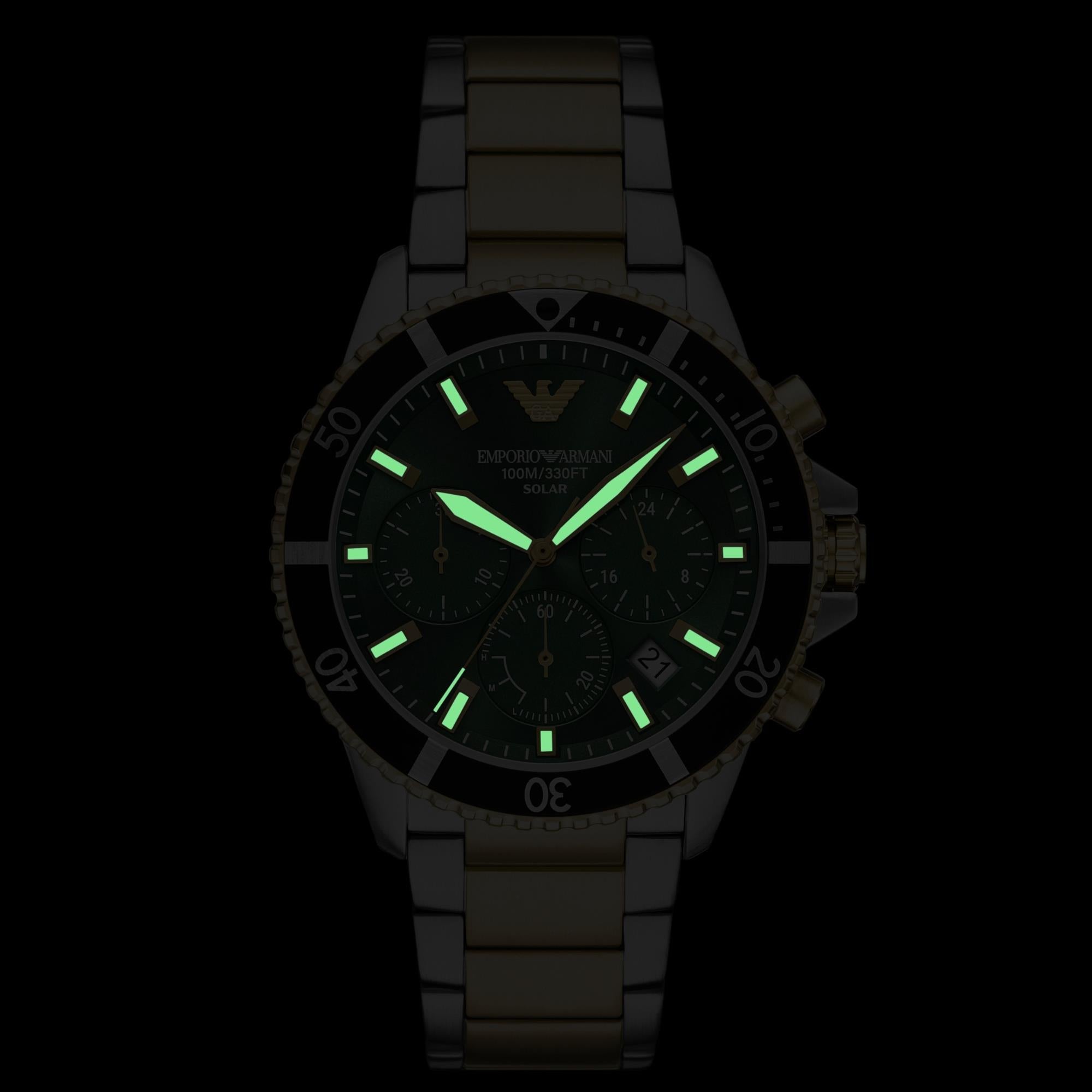 Emporio Armani World Explorer 43mm Chronograph Green Dial Steel Mens Solar Watch AR11695
