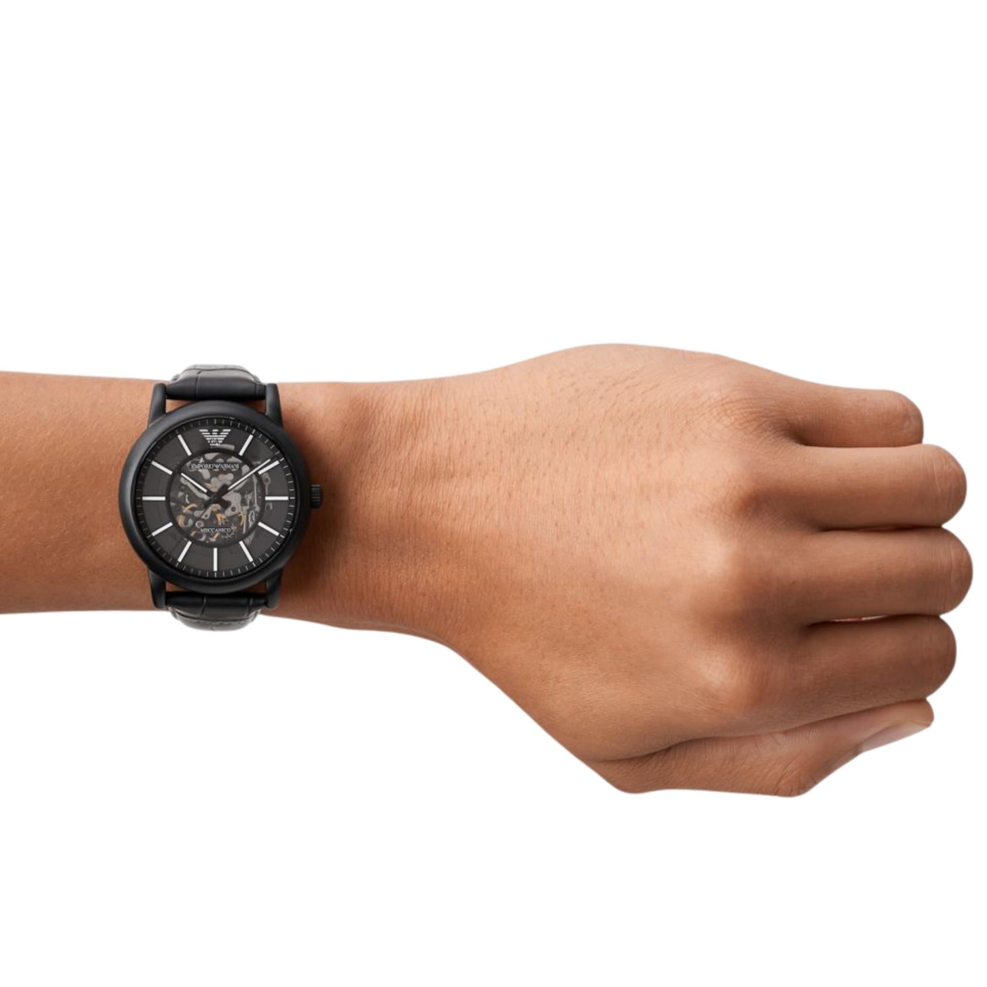 Emporio Armani Luigi 43mm Skeleton Black Dial Leather Mens Automatic Watch AR60008