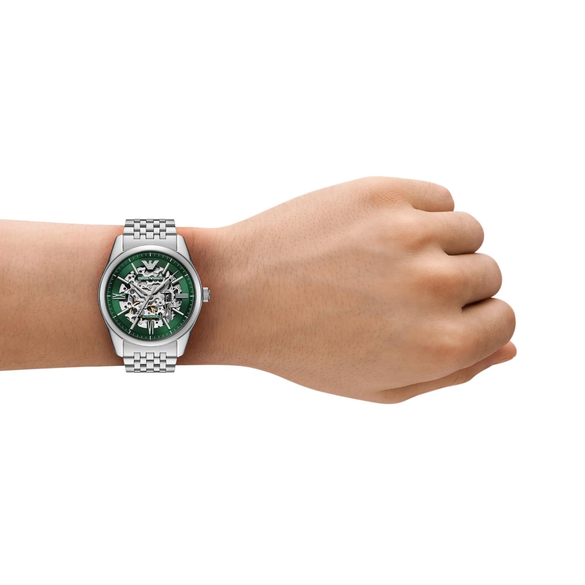 Emporio Armani Antonio 43mm Skeleton Green Dial Steel Mens Automatic Watch AR60091