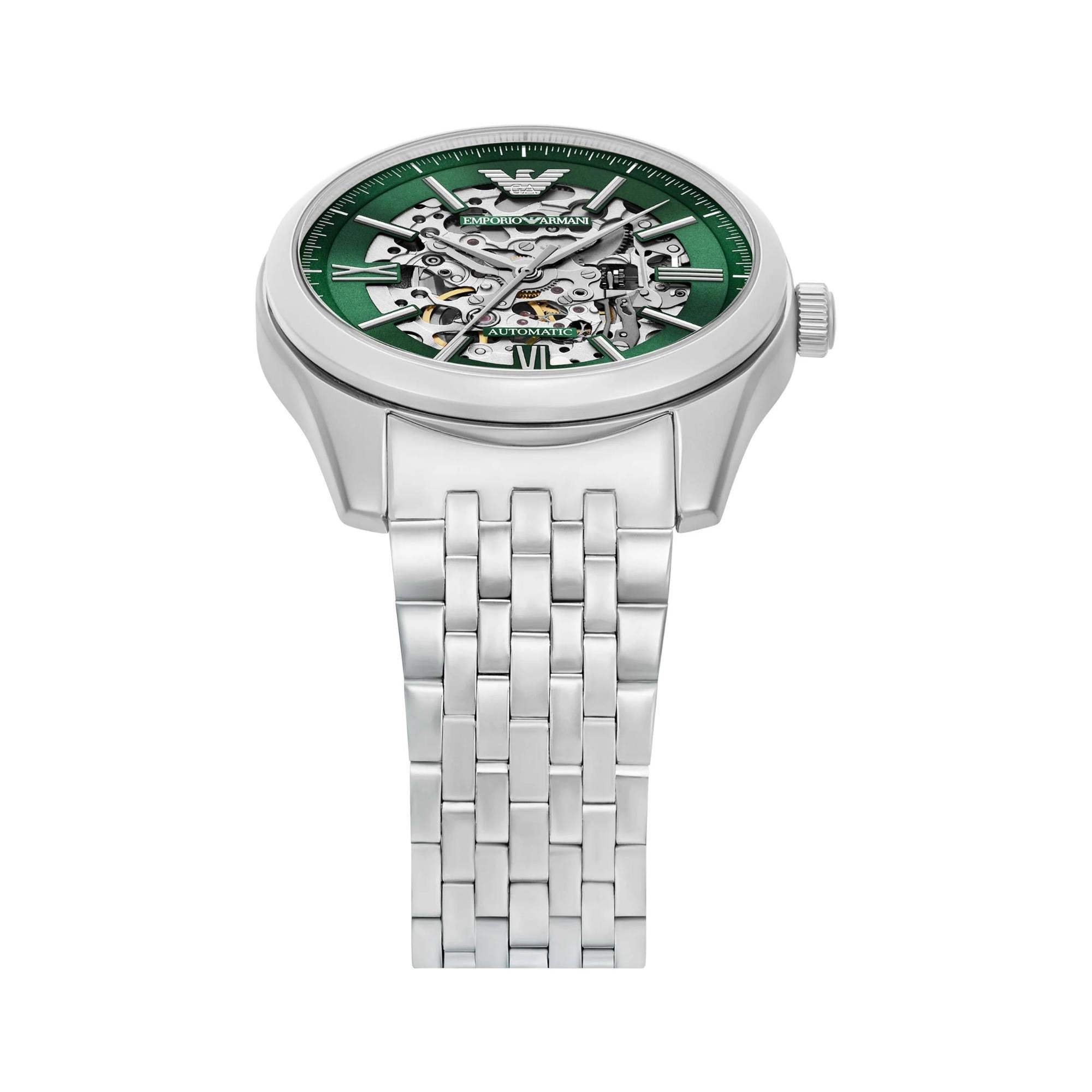 Emporio Armani Antonio 43mm Skeleton Green Dial Steel Mens Automatic Watch AR60091