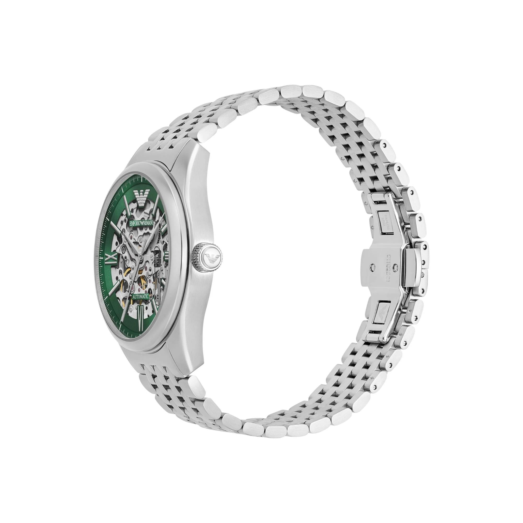 Emporio Armani Antonio 43mm Skeleton Green Dial Steel Mens Automatic Watch AR60091