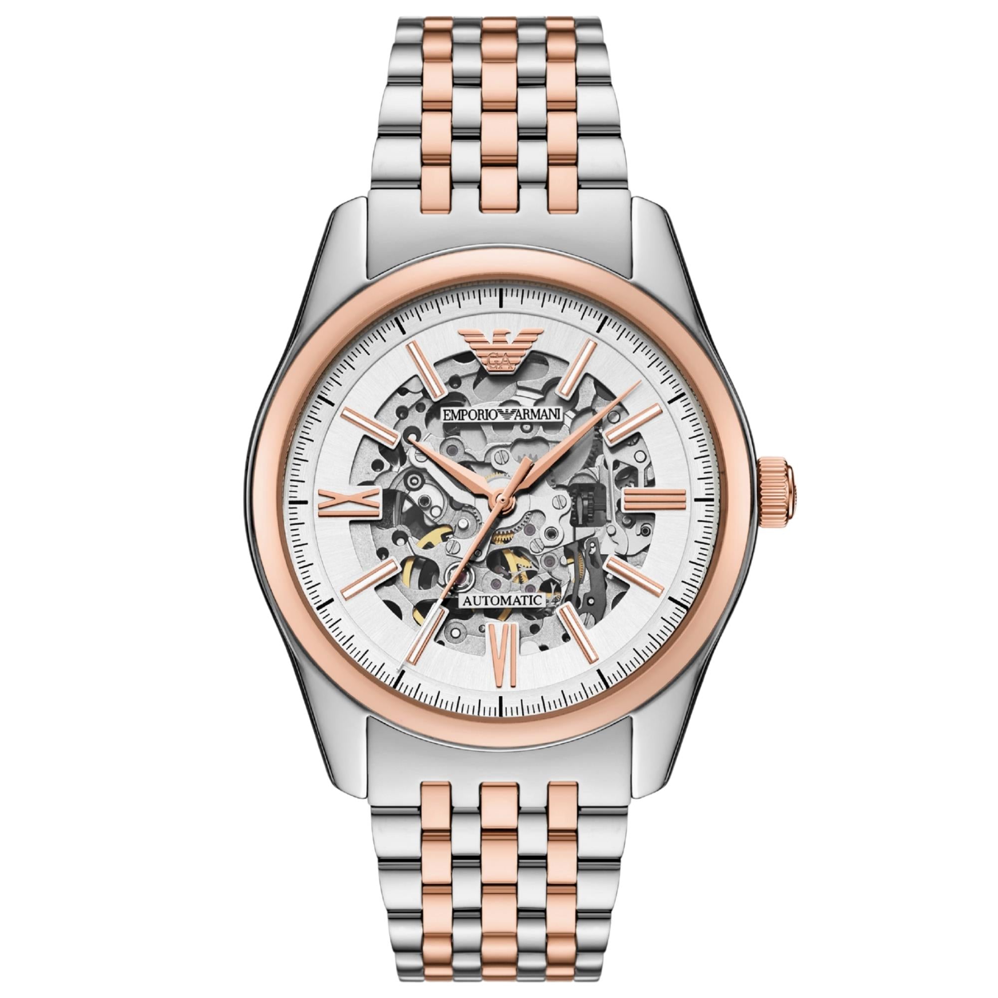 Emporio Armani Antonio 43mm Skeleton Silver Dial Steel Mens Automatic Watch AR60092