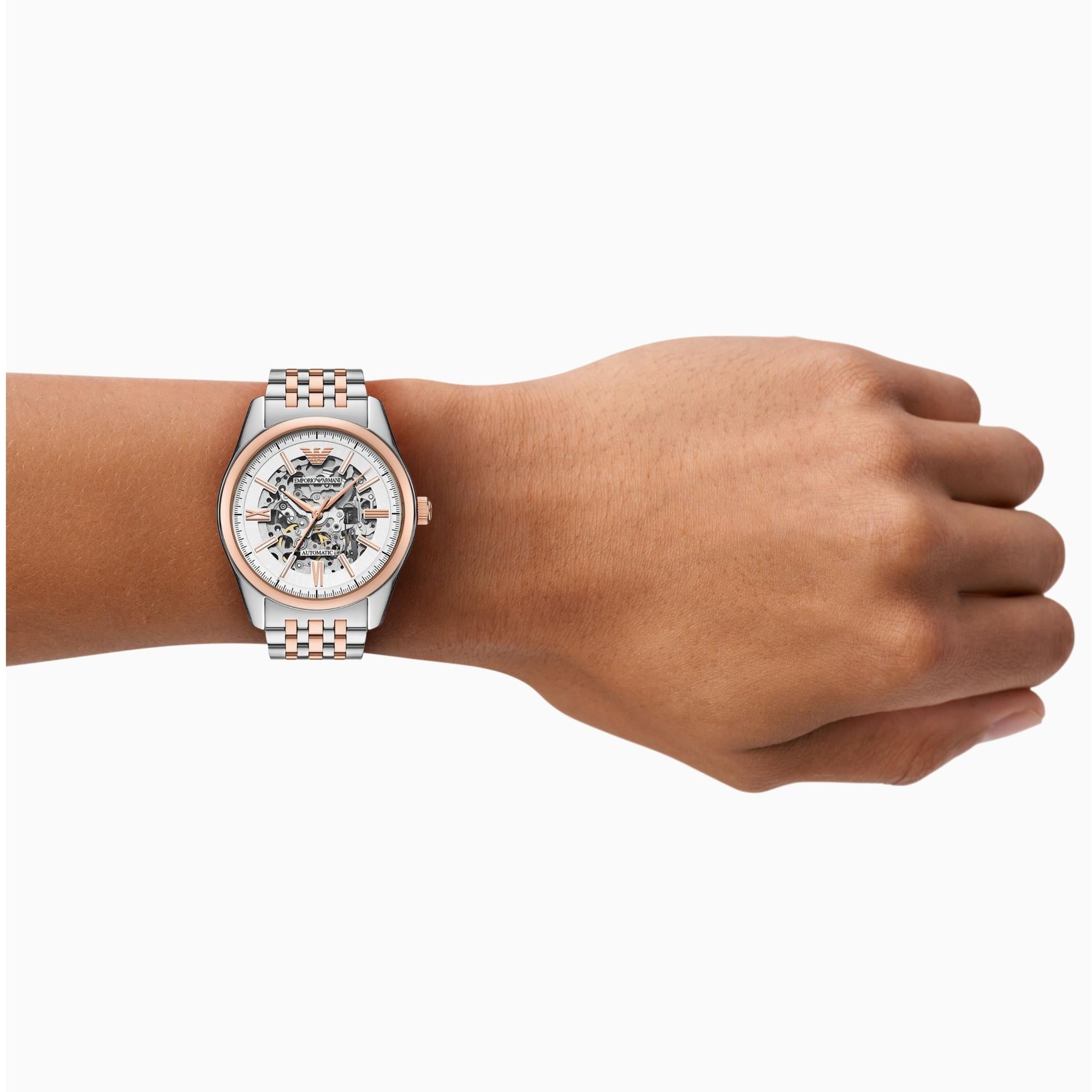 Emporio Armani Antonio 43mm Skeleton Silver Dial Steel Mens Automatic Watch AR60092