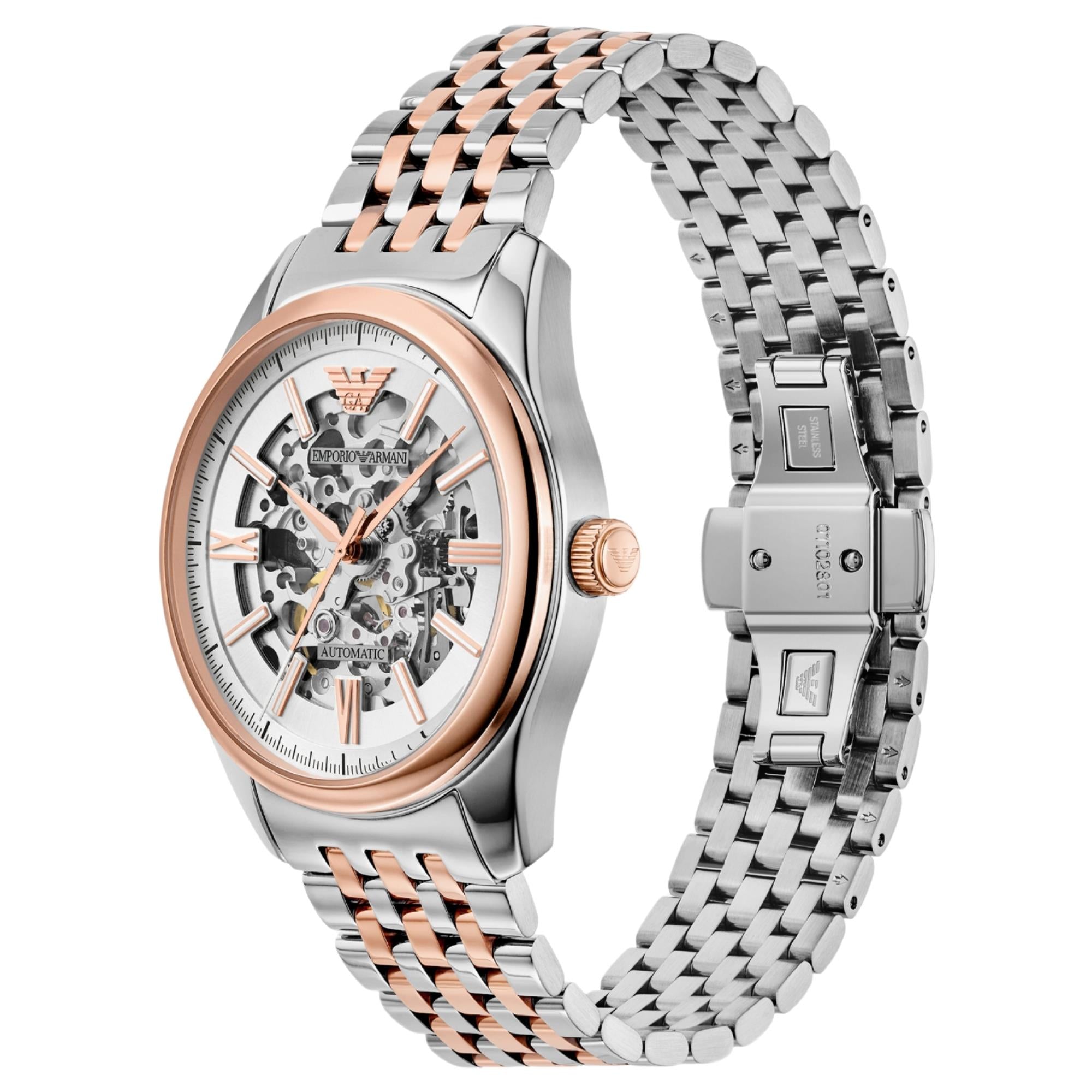 Emporio Armani Antonio 43mm Skeleton Silver Dial Steel Mens Automatic Watch AR60092