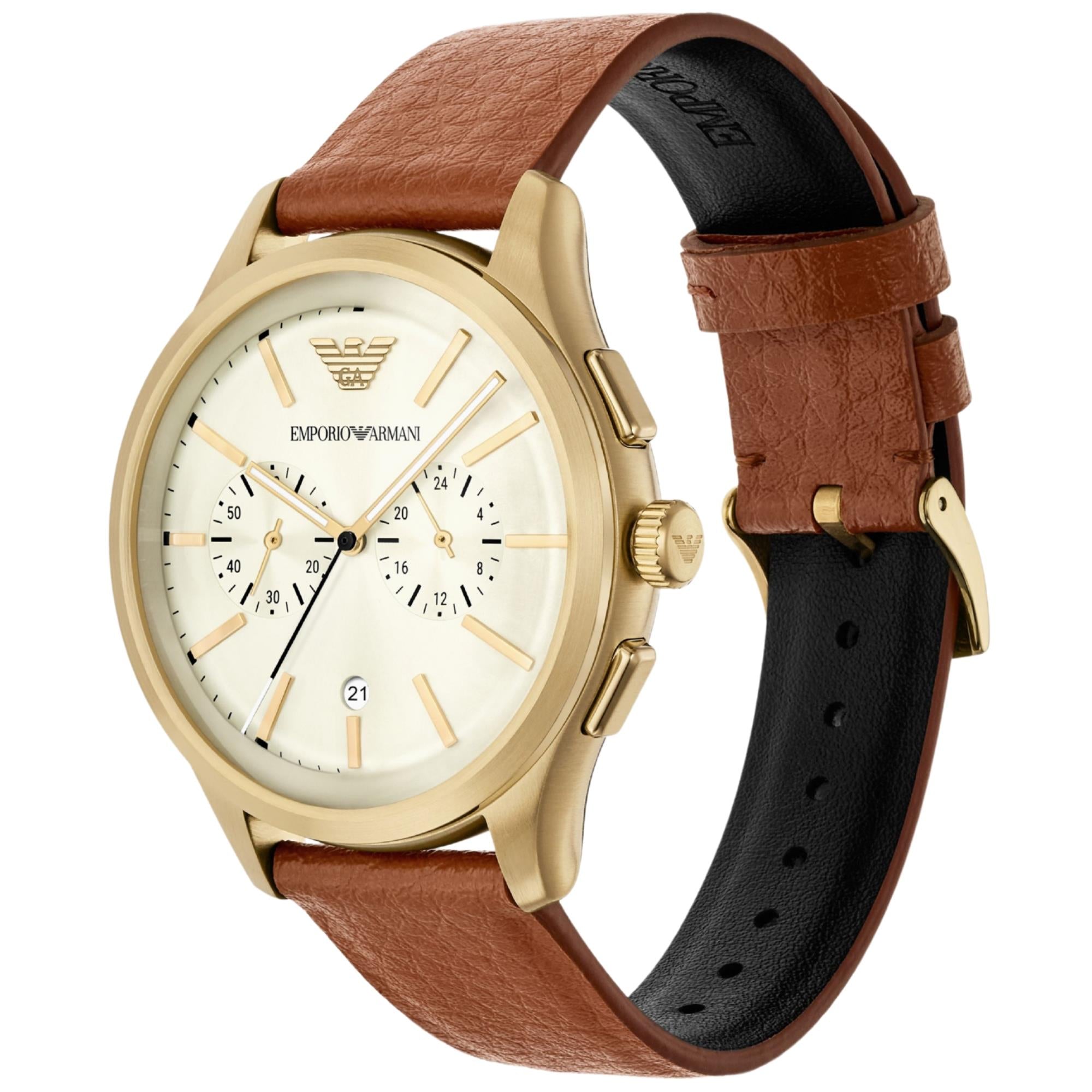 Emporio Armani Dario 42mm Chronograph Cream Dial Leather Mens Quartz Watch AR11714