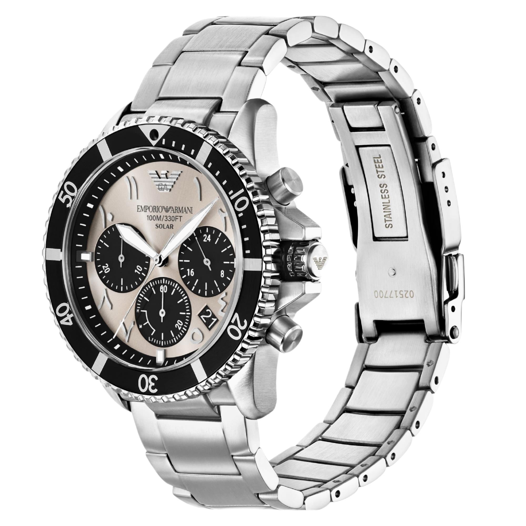 Emporio Armani World Explorer 43.5mm Chronograph Gray Dial Steel Mens Solar Watch AR11722