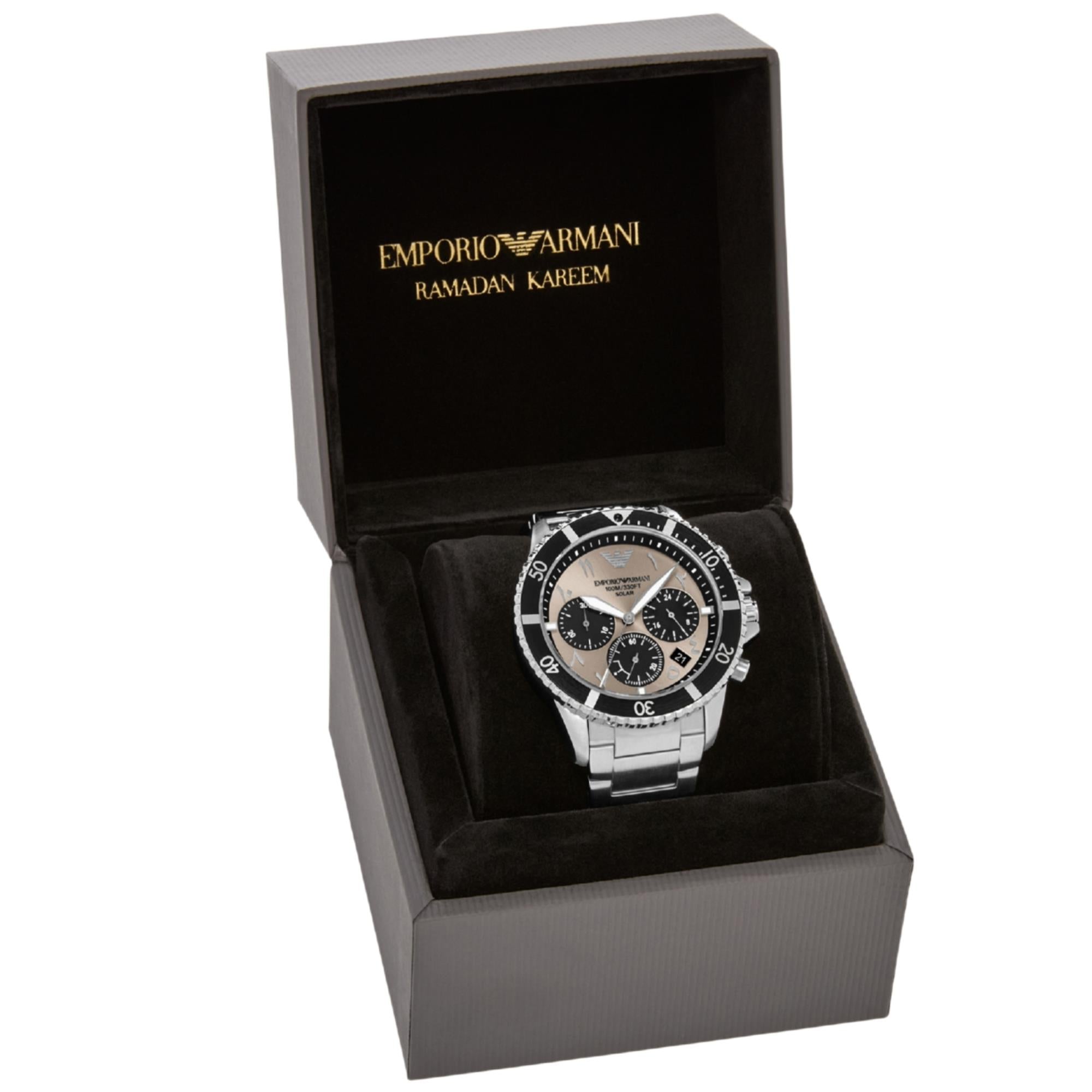 Emporio Armani World Explorer 43.5mm Chronograph Gray Dial Steel Mens Solar Watch AR11722