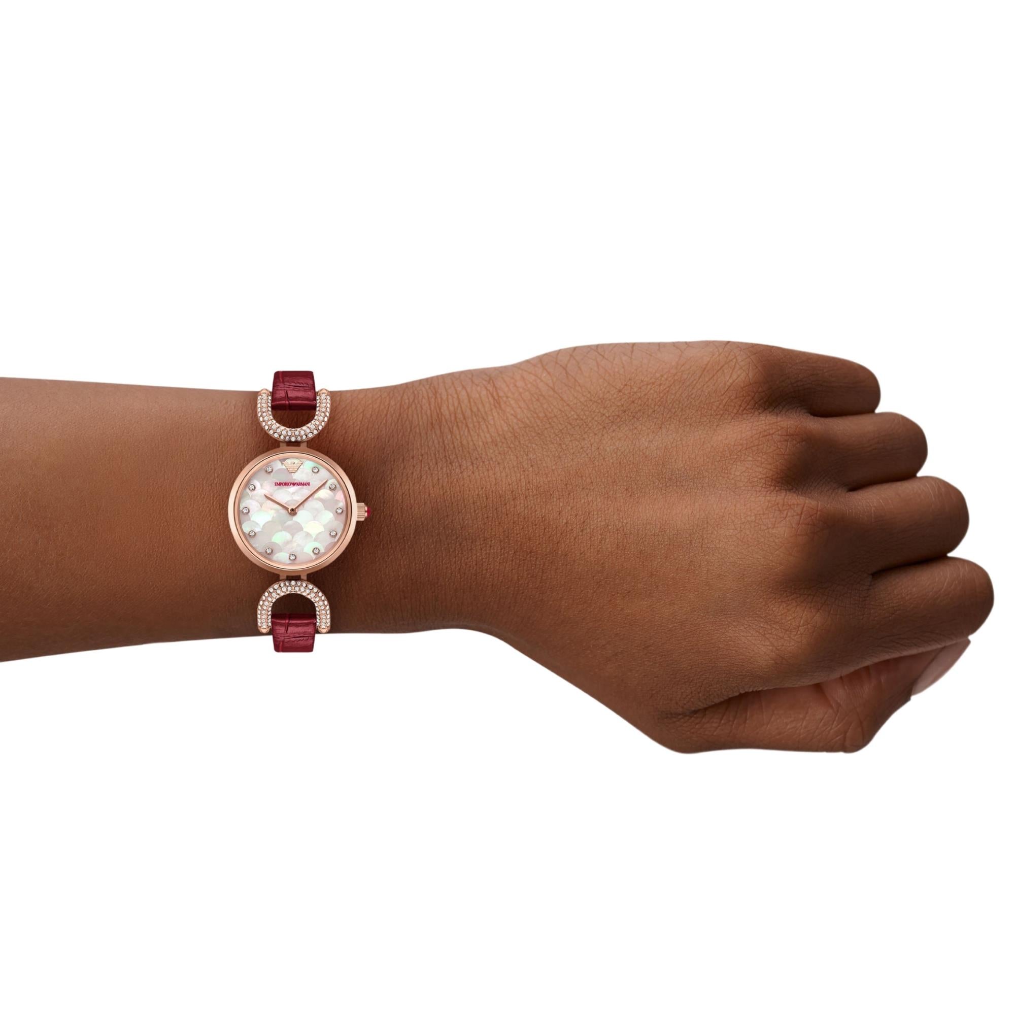 Emporio Armani Gianni 28mm Mother of Pearl Dial Leather Ladies Quartz Watch AR11737