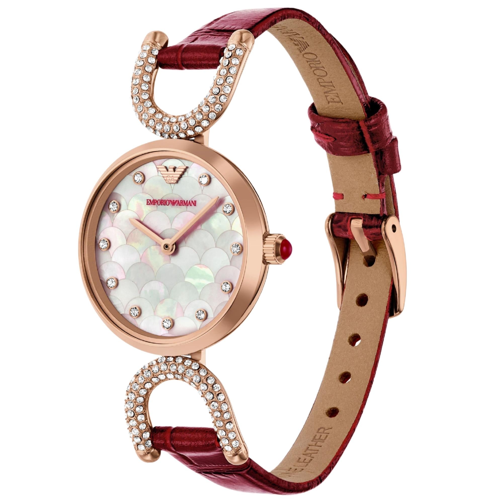 Emporio Armani Gianni 28mm Mother of Pearl Dial Leather Ladies Quartz Watch AR11737