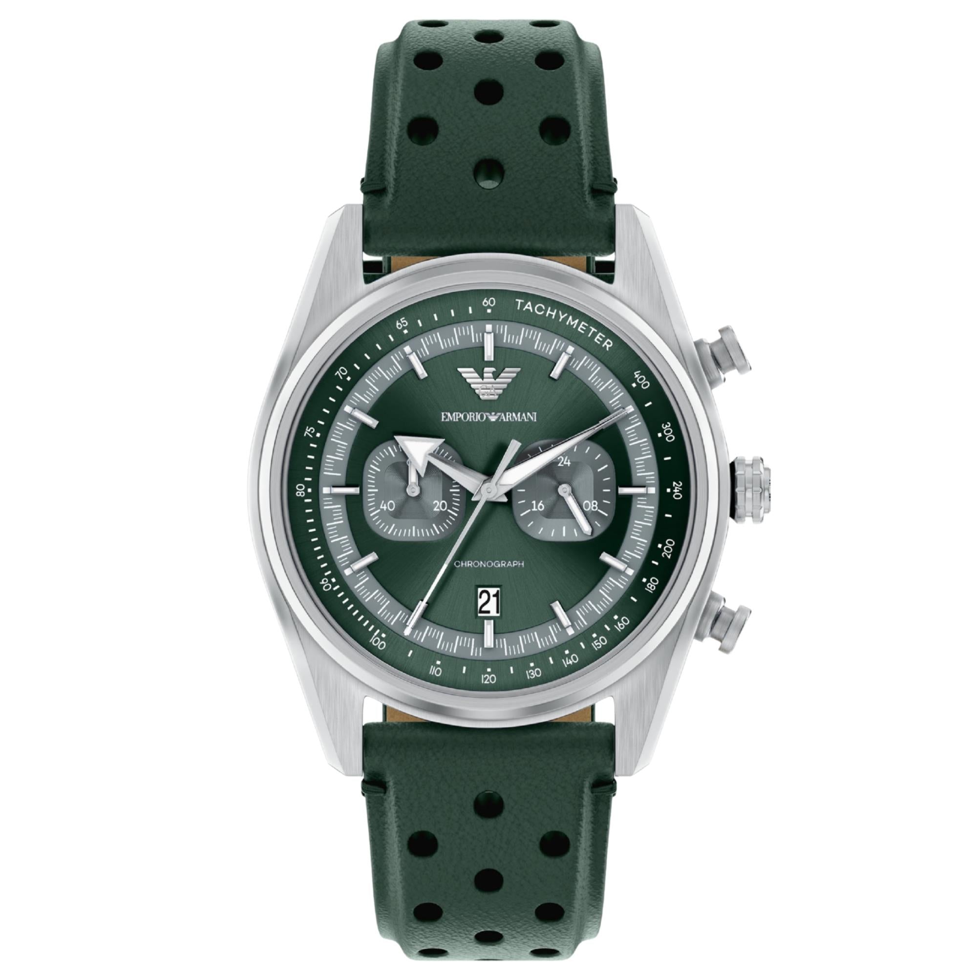 Emporio Armani Racer 42mm Chronograph Green Dial Leather Mens Quartz Watch AR11782