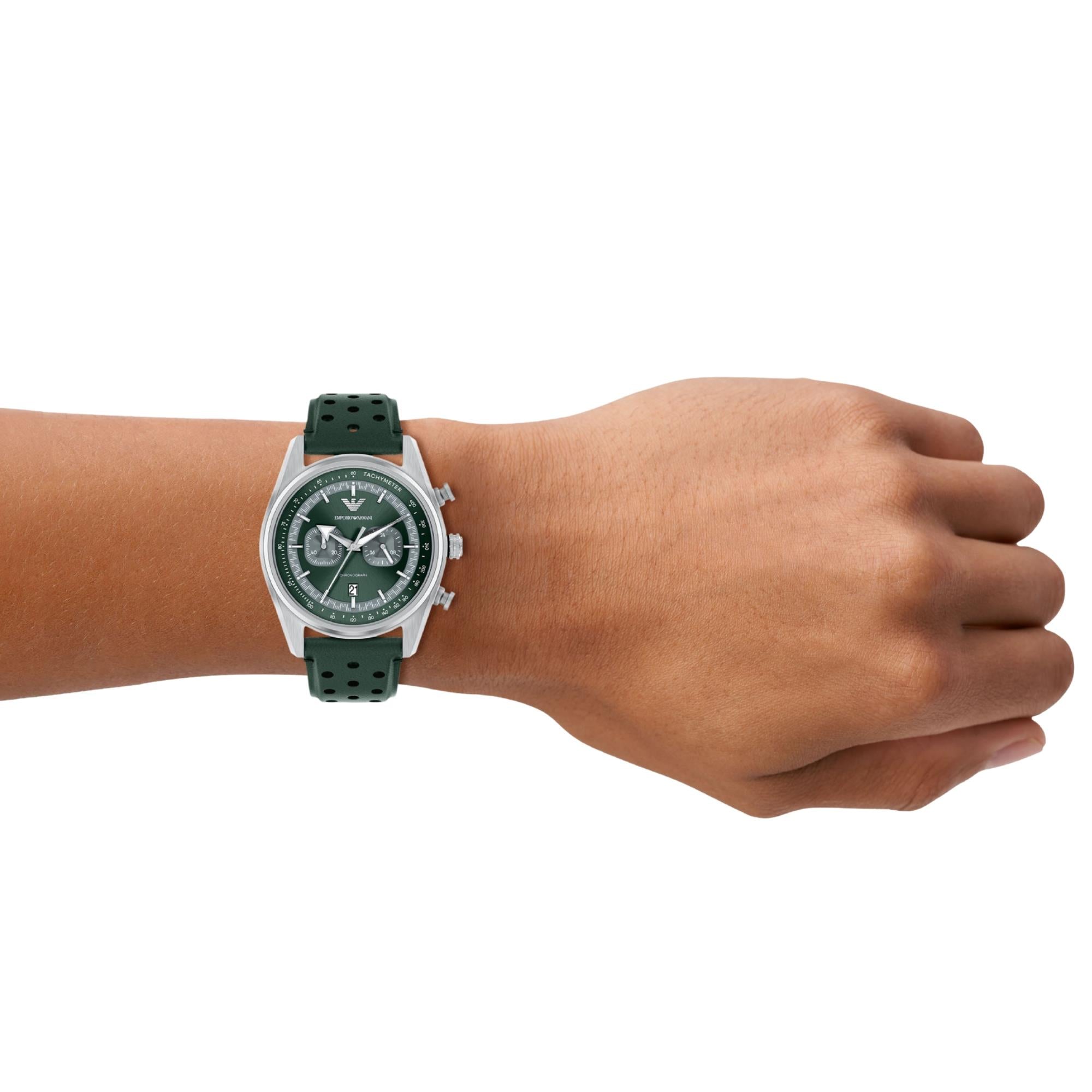 Emporio Armani Racer 42mm Chronograph Green Dial Leather Mens Quartz Watch AR11782