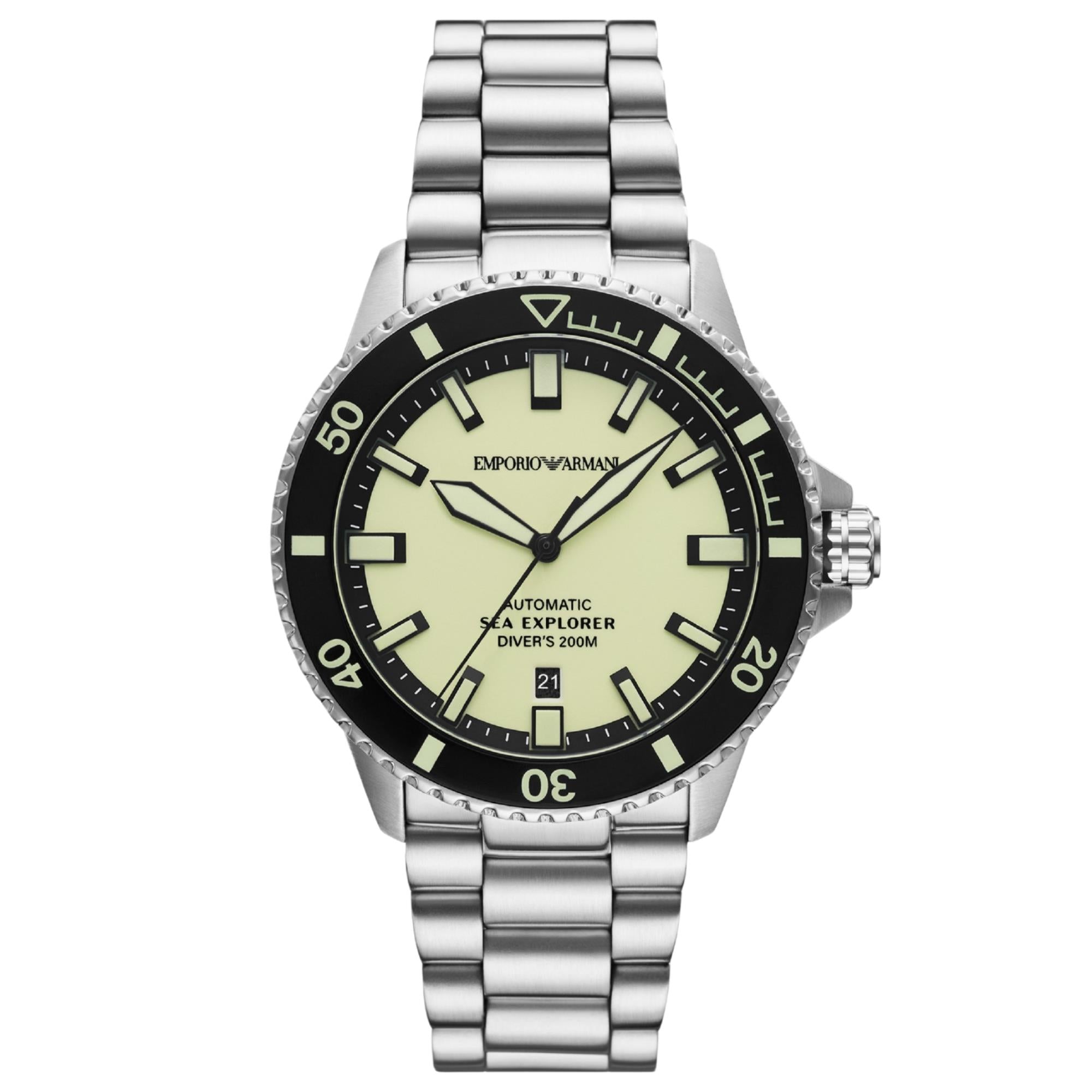 Emporio Armani Sea Explorer 42.5mm Yellow Dial Steel Mens Automatic Watch AR60083