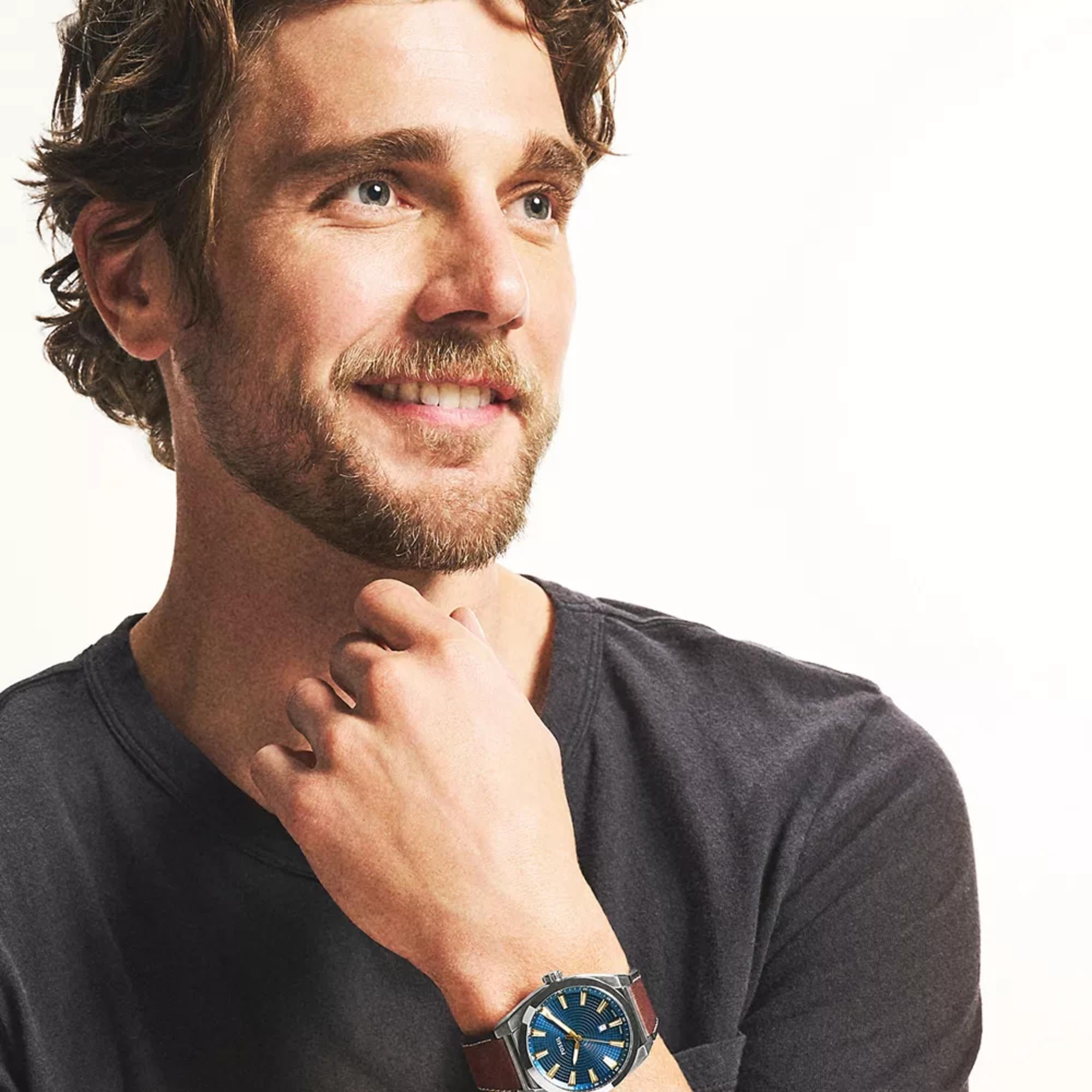 Fossil Everett 42mm Blue Dial Leather Mens Quartz Watch FS6115