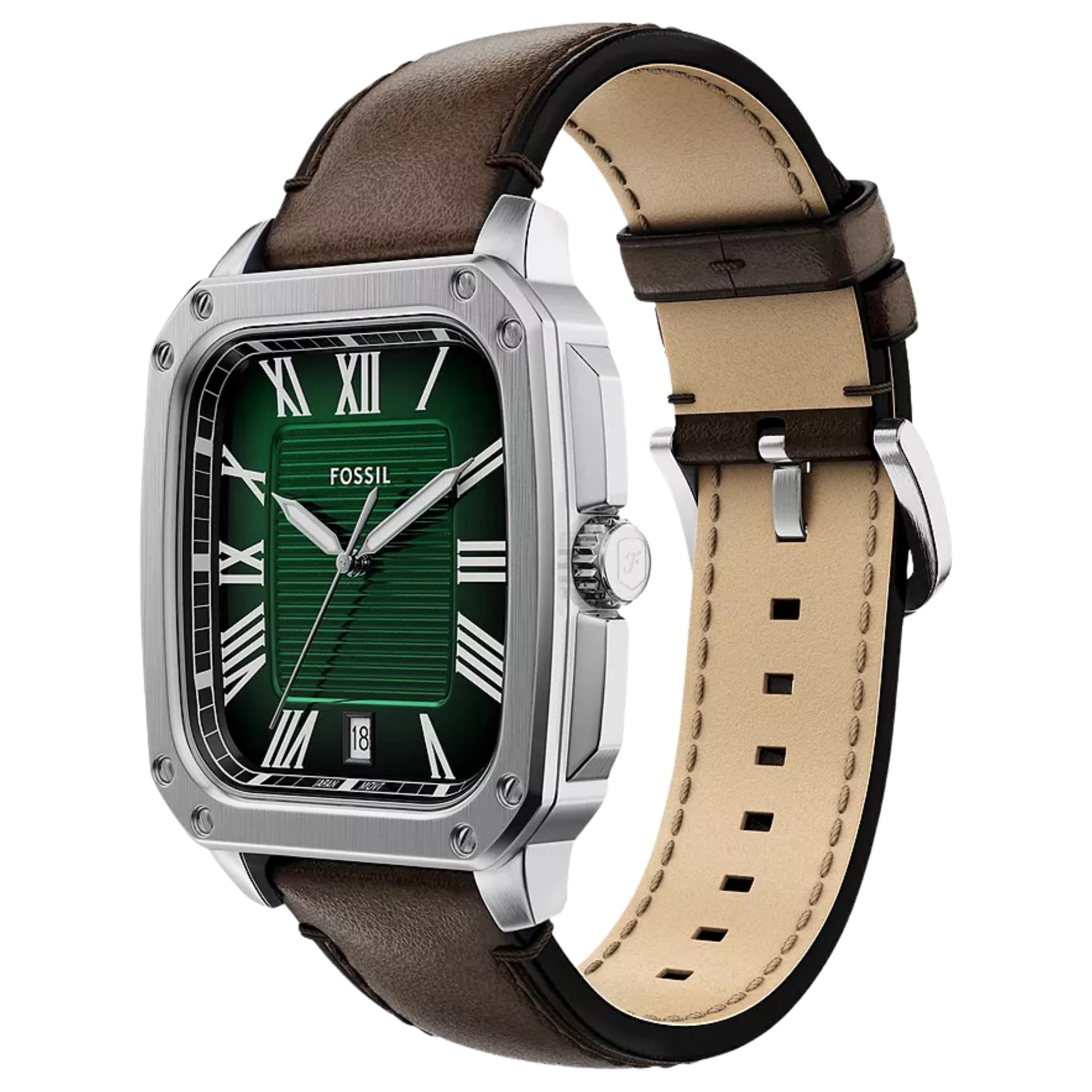 Fossil Crosby 42mm Green Dial Leather Mens Quartz Watch FS6150