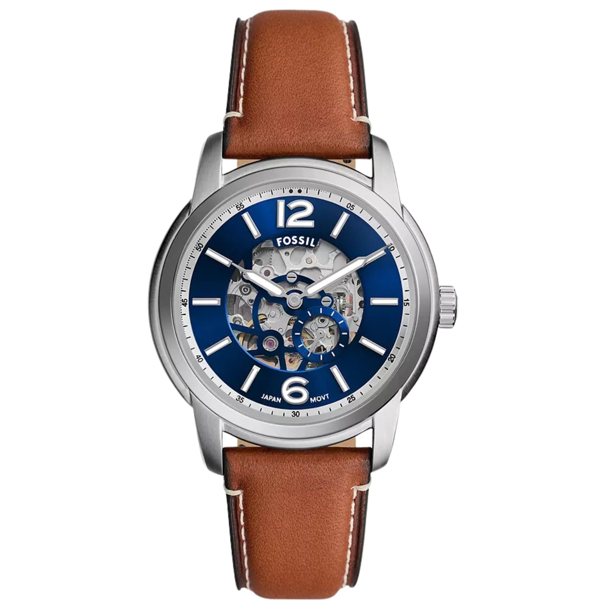 Fossil Heritage 43mm Skeleton Blue Dial Leather Mens Automatic Watch ME3263