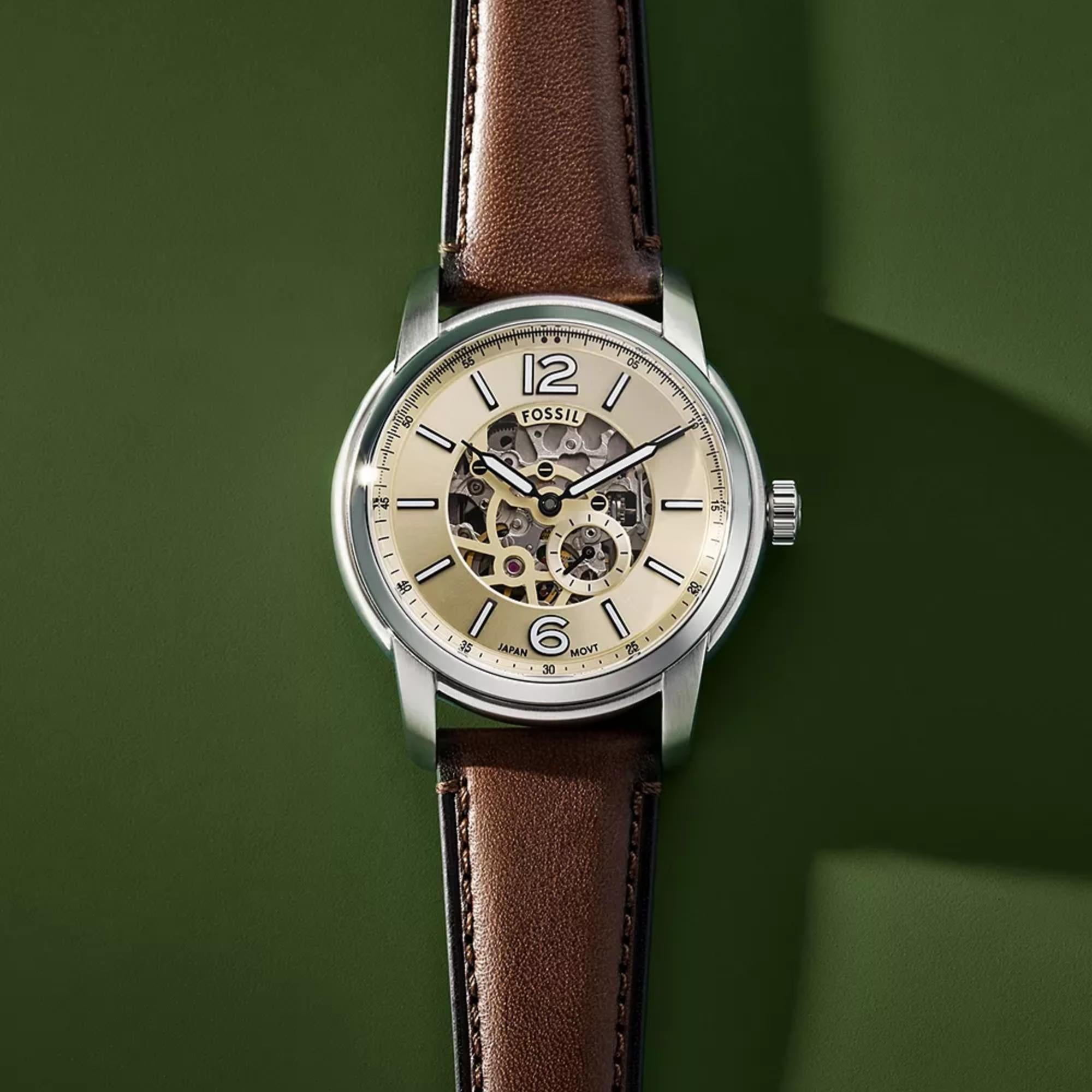 Fossil Heritage 43mm Skeleton Cream Dial Leather Mens Automatic Watch ME3264