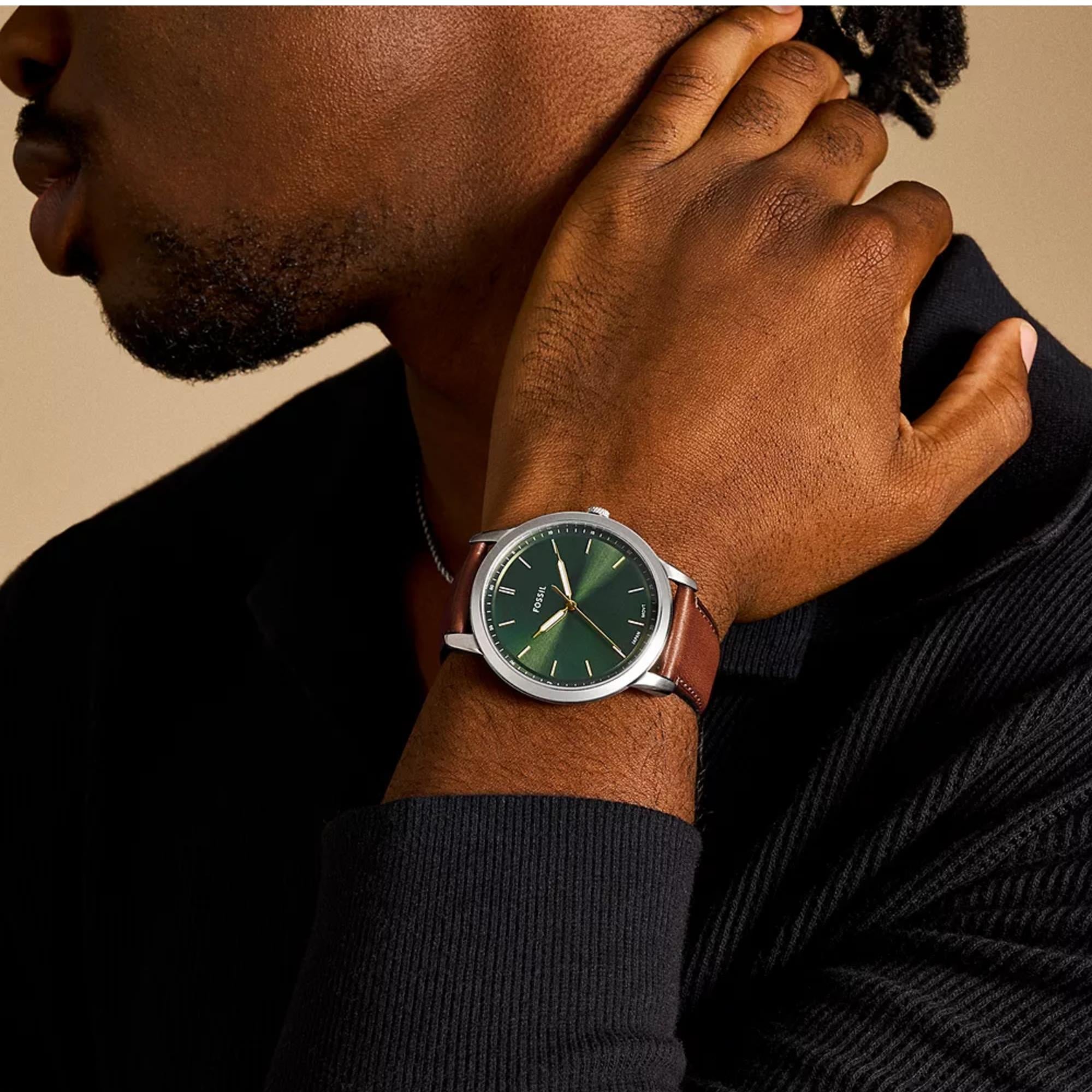 Fossil Minimalist 44mm Green Dial Leather Mens Quartz Watch FS6094