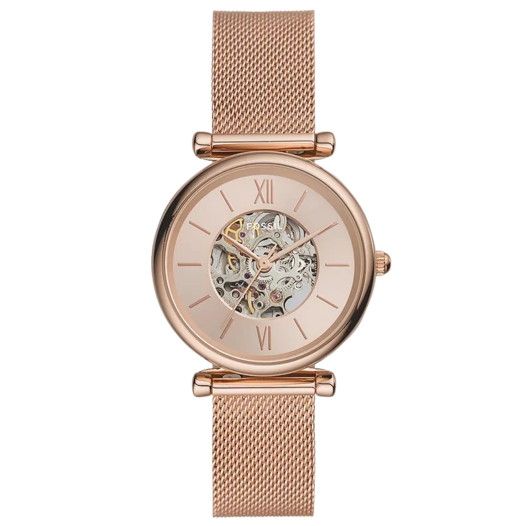 Fossil Carlie 35mm Skeleton Rose Gold Dial Steel Ladies Automatic Watch ME3175