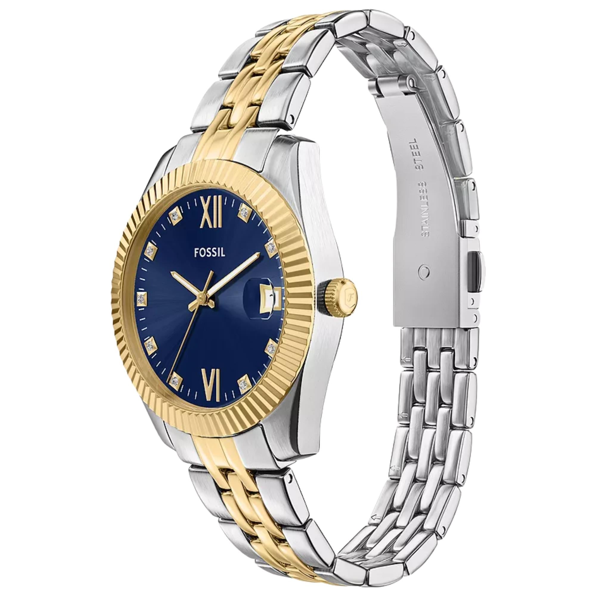 Fossil Scarlette 33mm Gold Dial Steel Ladies Quartz Watch ES5443