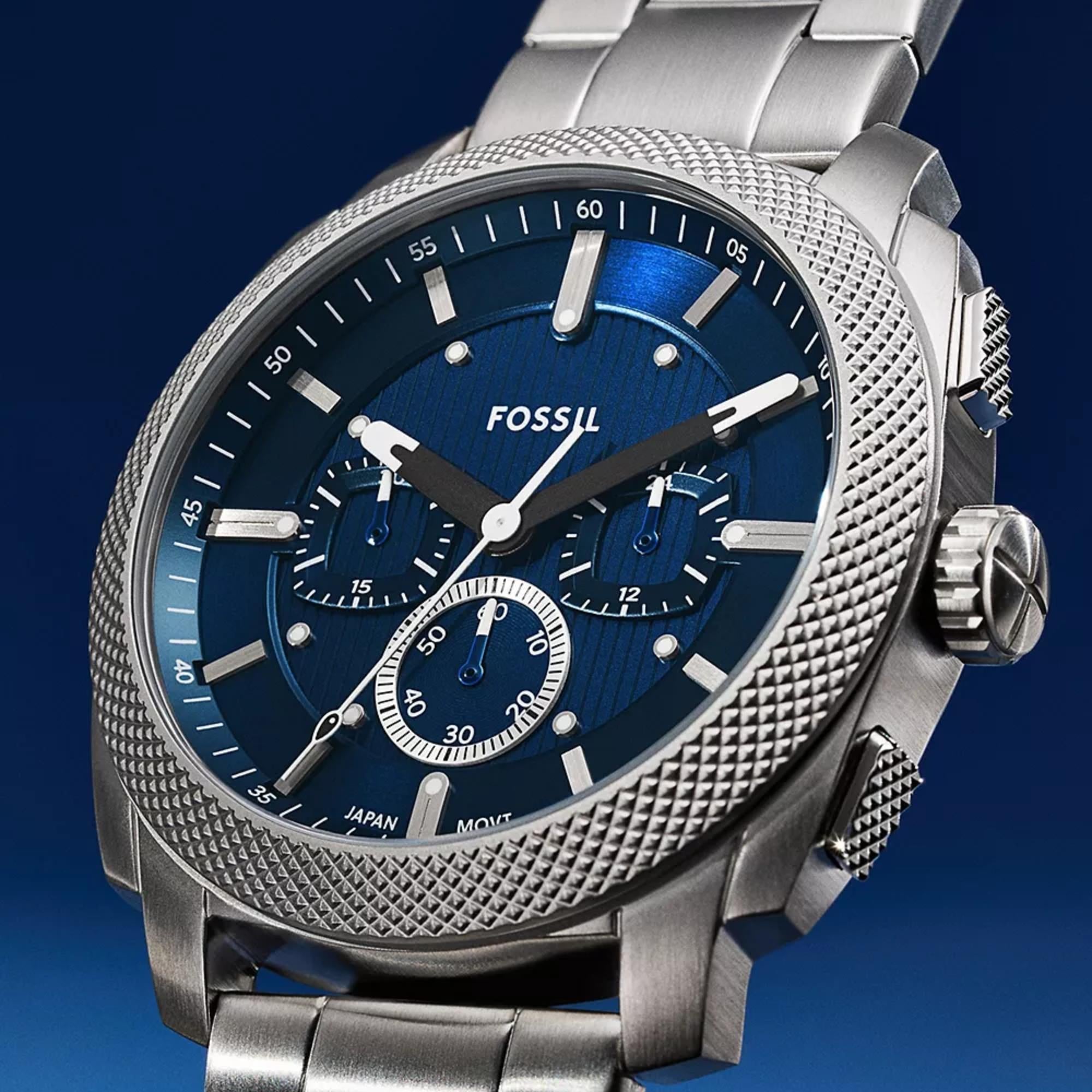 Fossil Machine 44mm Chronograph Blue Dial Steel Mens Quartz Watch FS6096