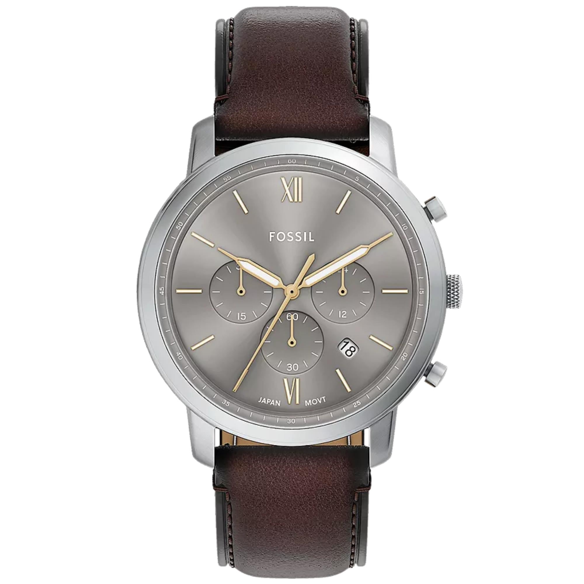 Fossil Neutra 44mm Chronograph Gray Dial Leather Mens Quartz Watch FS6129