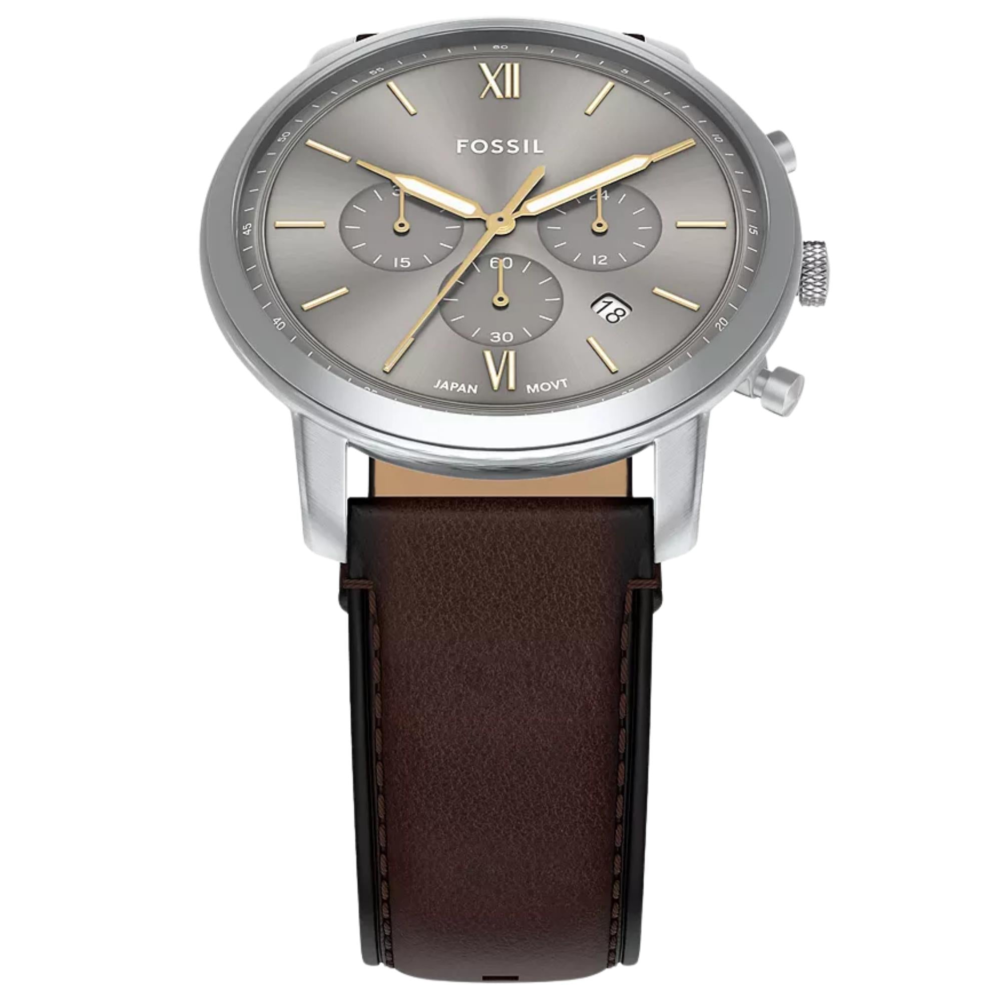 Fossil Neutra 44mm Chronograph Gray Dial Leather Mens Quartz Watch FS6129