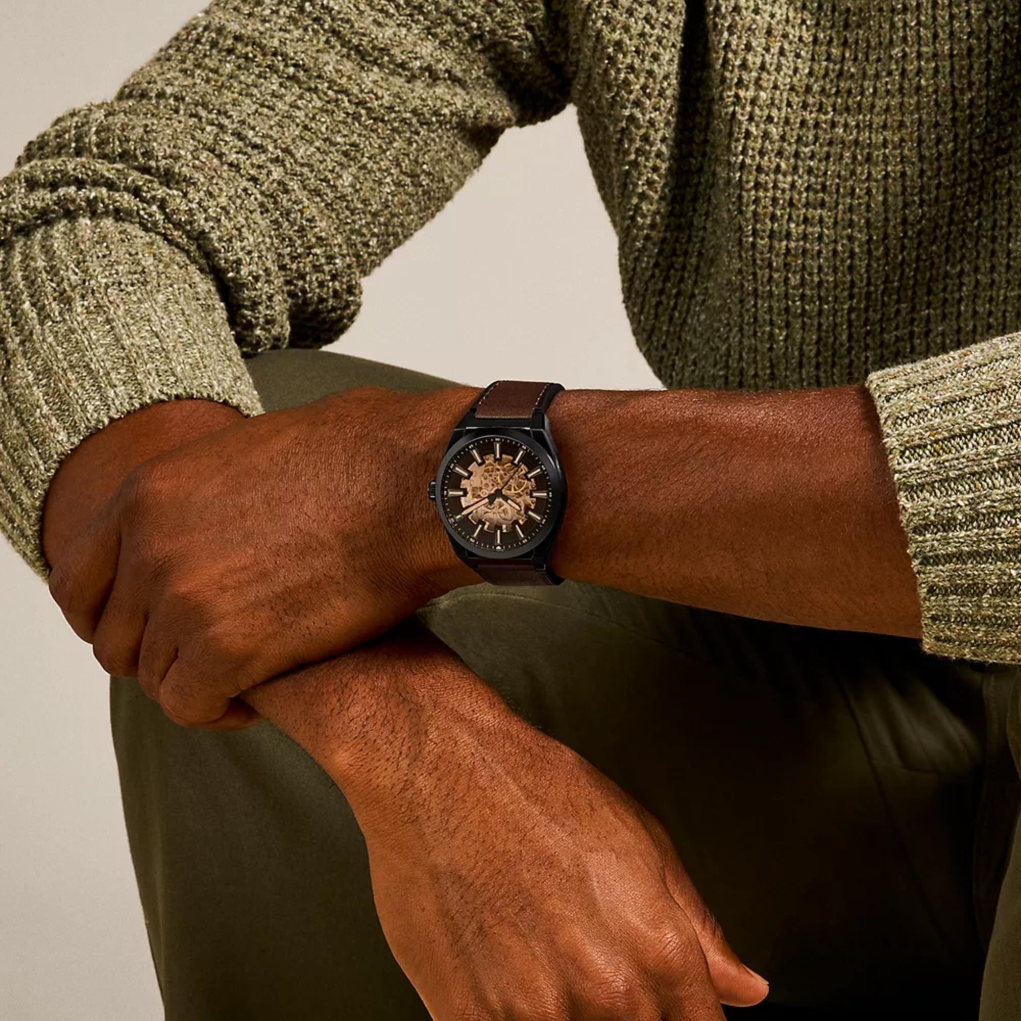 Fossil Everett 42mm Skeleton Black Dial Leather Mens Automatic Watch ME3207