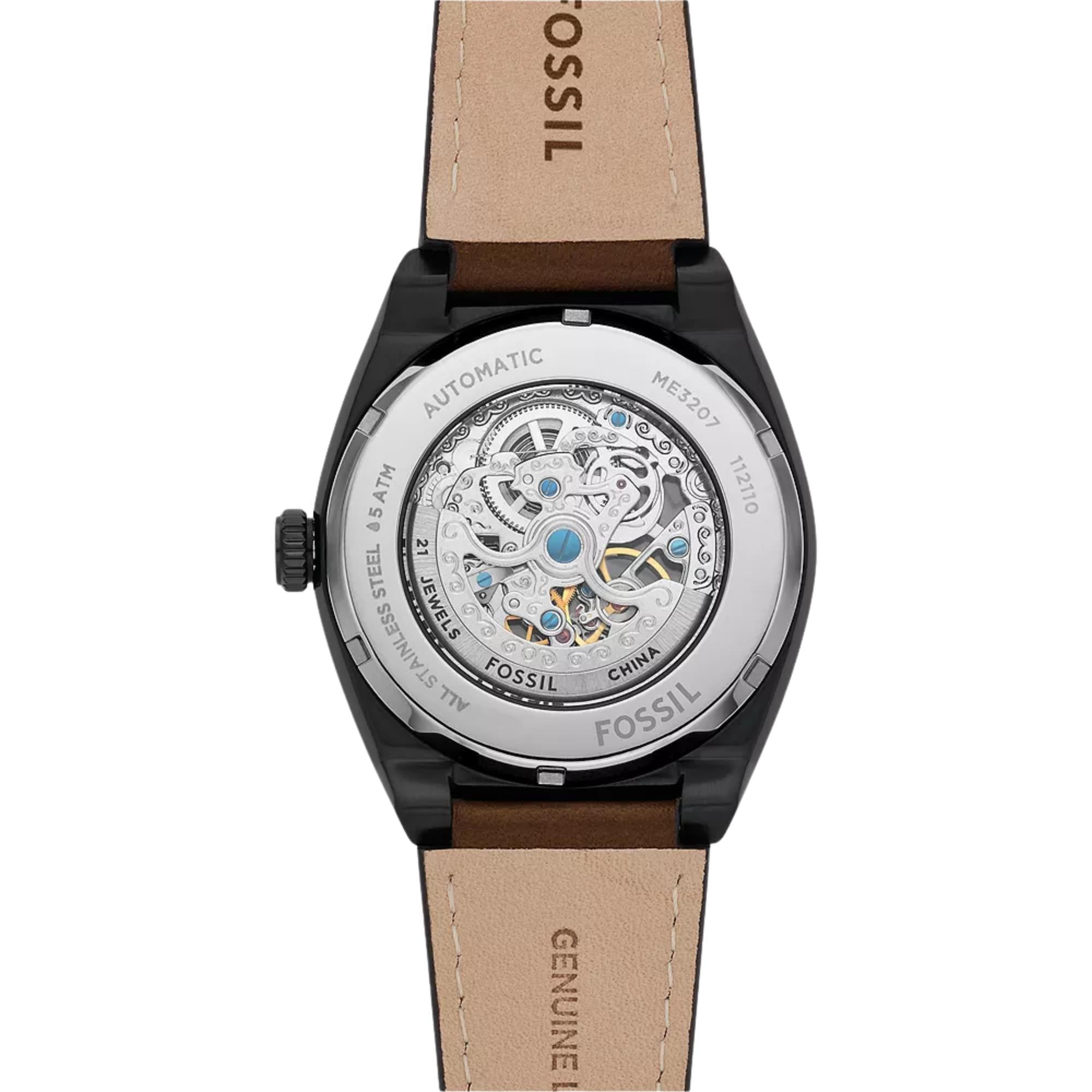 Fossil Everett 42mm Skeleton Black Dial Leather Mens Automatic Watch ME3207