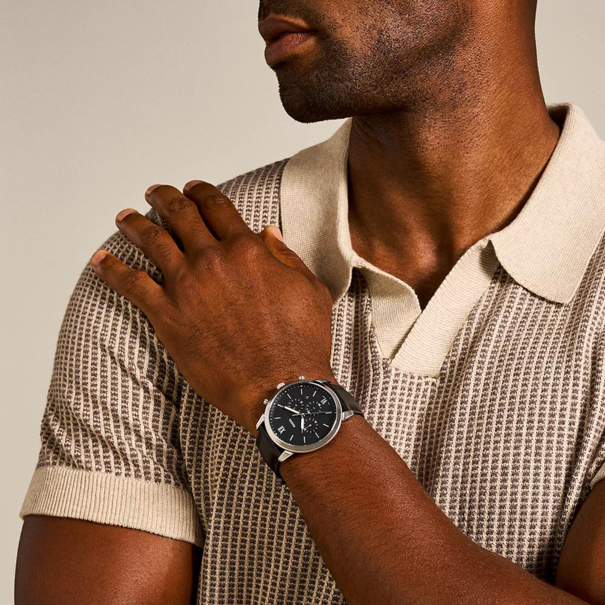 Fossil Neutra 44mm Chronograph Black Dial Leather Mens Quartz Watch FS5452
