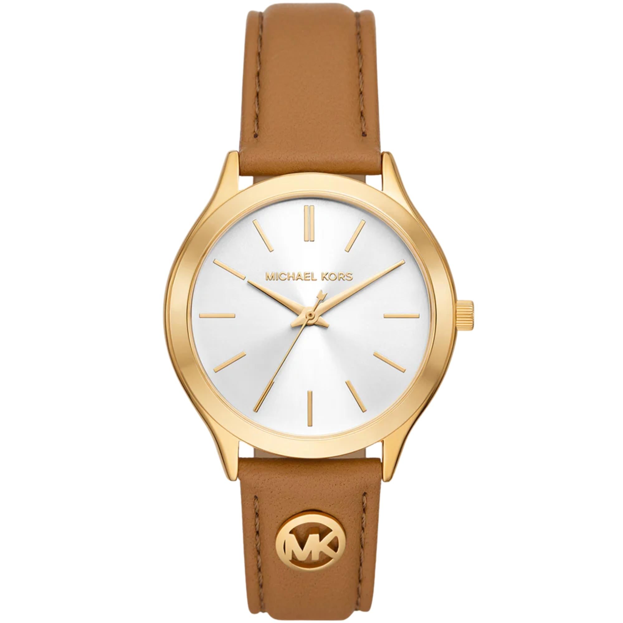 Michael Kors Slim Runway 38mm White Sunray Dial Leather Ladies Quartz Watch MK7543