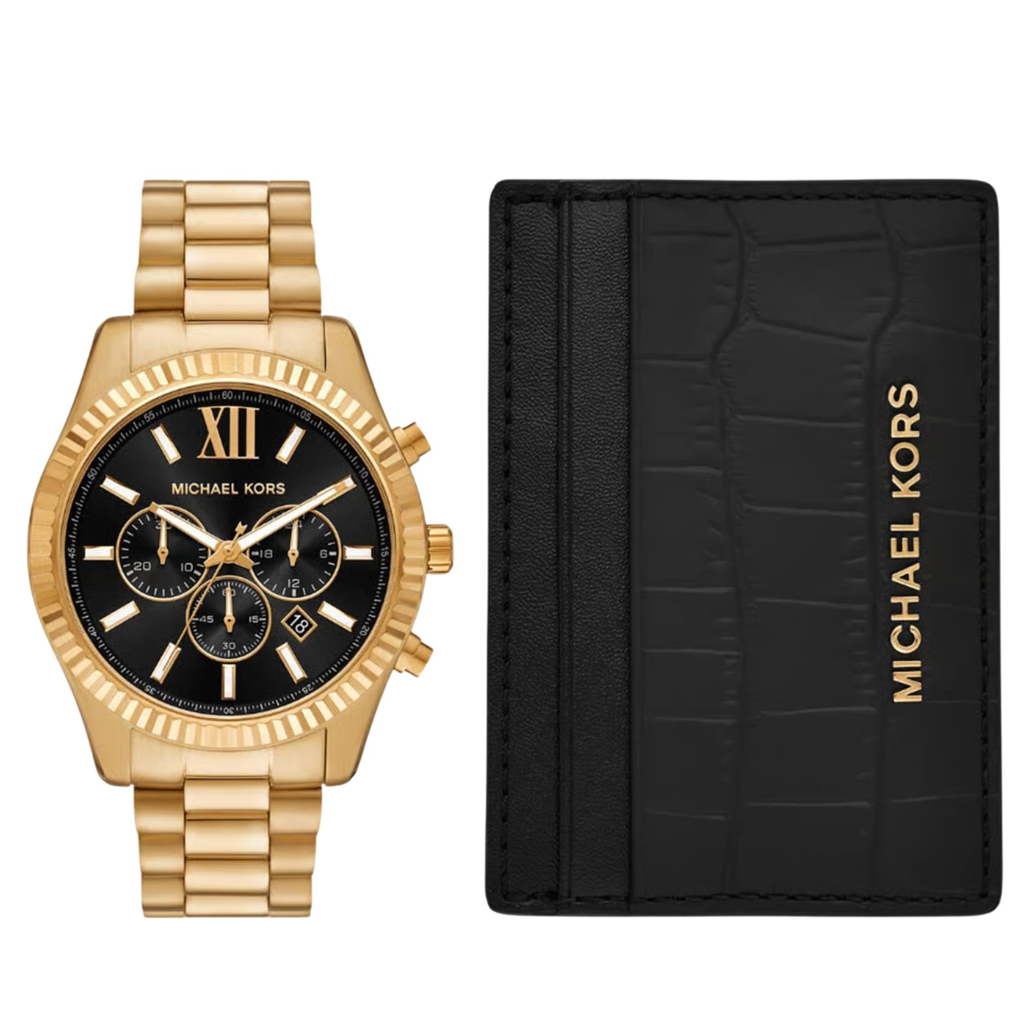 Michael Kors Lexington 44mm Chronograph Black Dial Steel Mens Quartz Watch MK9245SET
