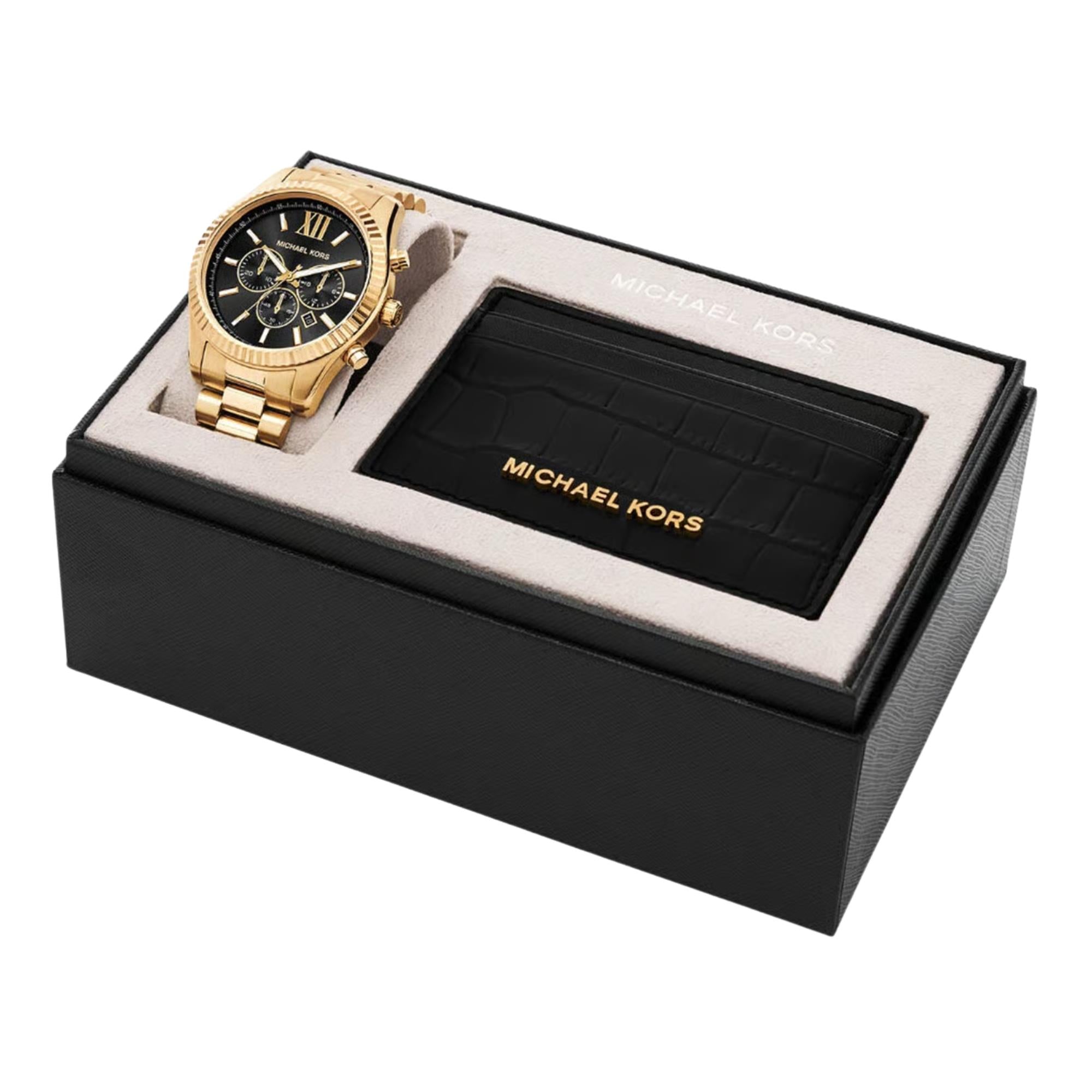 Michael Kors Lexington 44mm Chronograph Black Dial Steel Mens Quartz Watch MK9245SET
