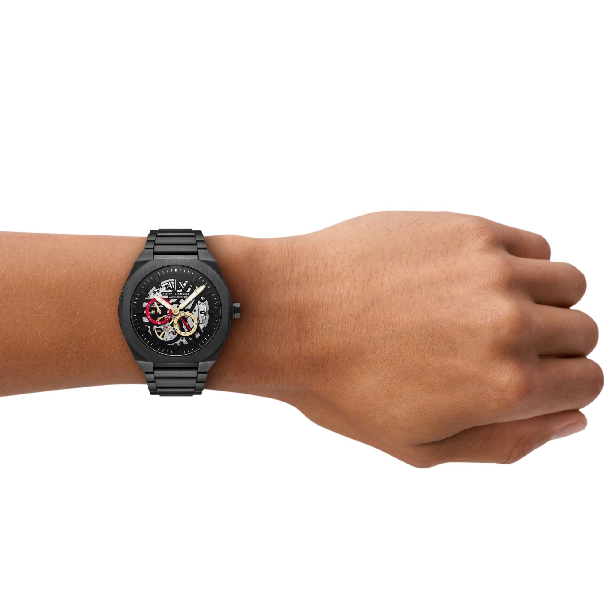 Armani Exchange Sync 44mm Skeleton Black Dial Steel Mens Quartz Watch AX4196