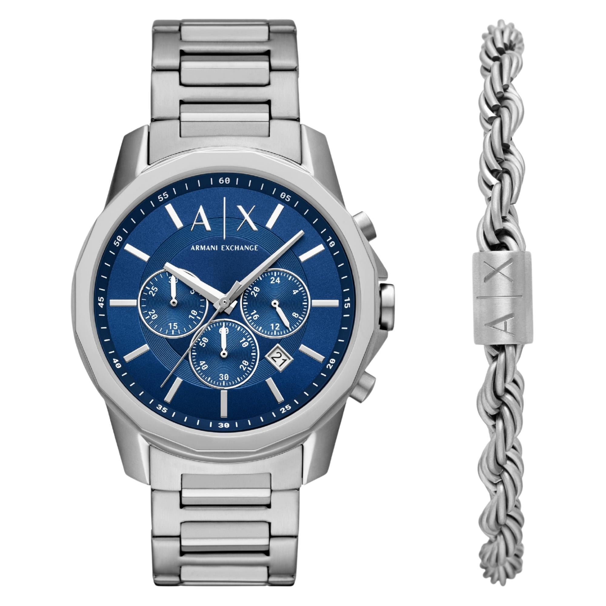 Armani Exchange Banks 44mm Blue Dial Steel Mens Quartz Watch AX7176SET