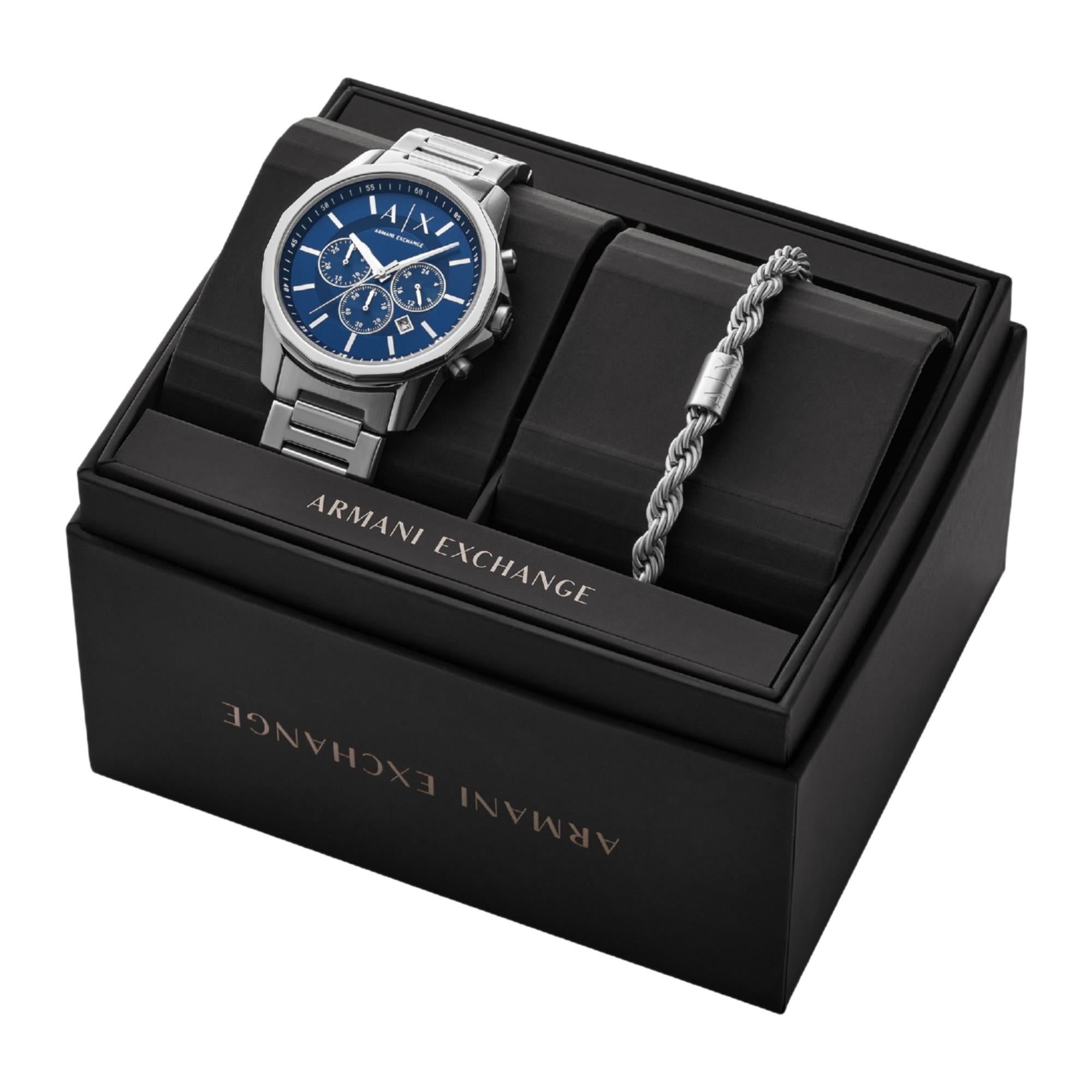 Armani Exchange Banks 44mm Blue Dial Steel Mens Quartz Watch AX7176SET