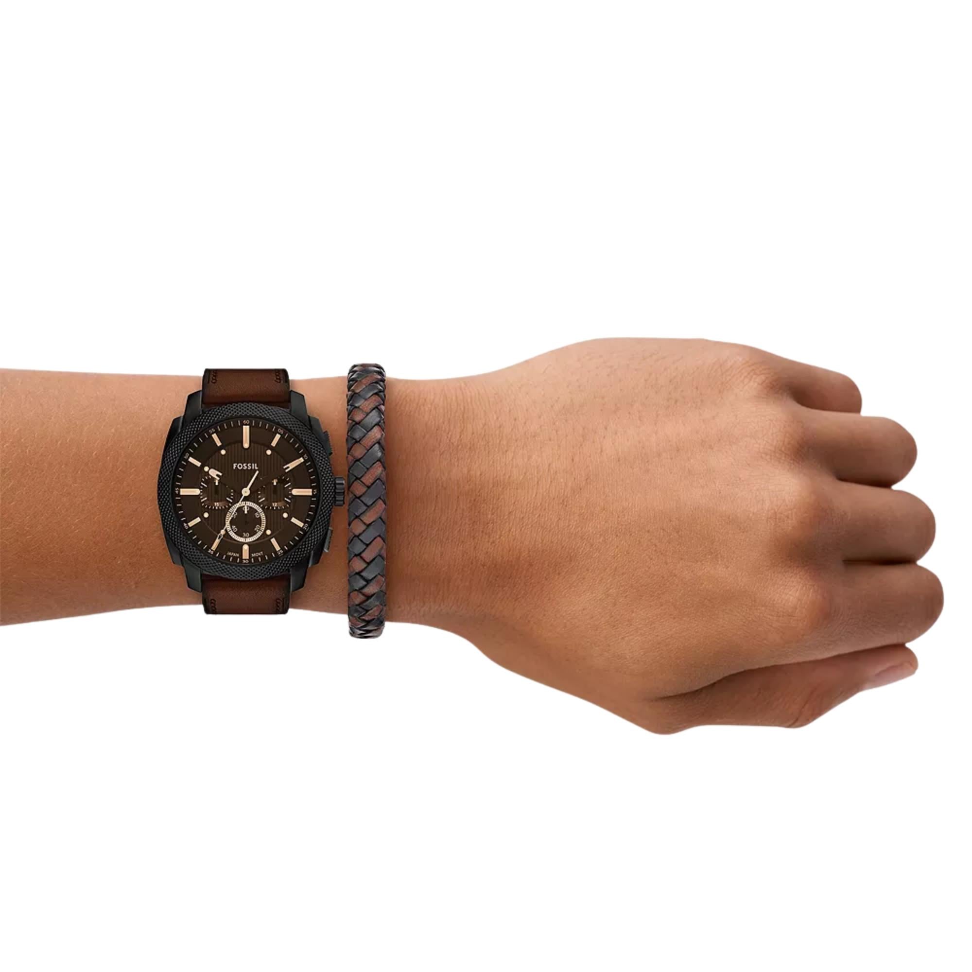 Fossil Machine 44mm Chronograph Black Dial Leather Mens Quartz Watch FS6102SET