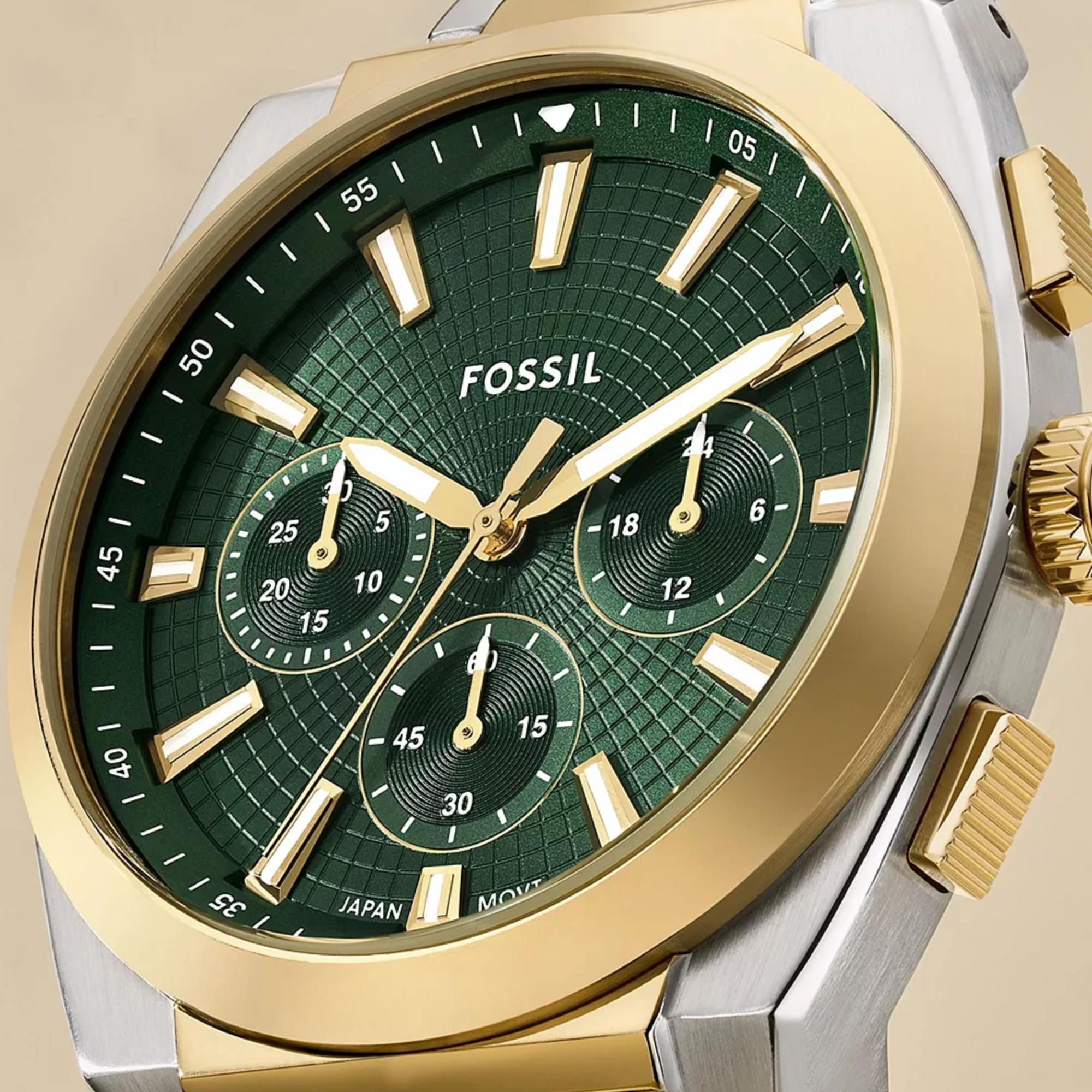 Fossil Everett 44mm Chronograph Green Dial Steel Mens Quartz Watch FS6106