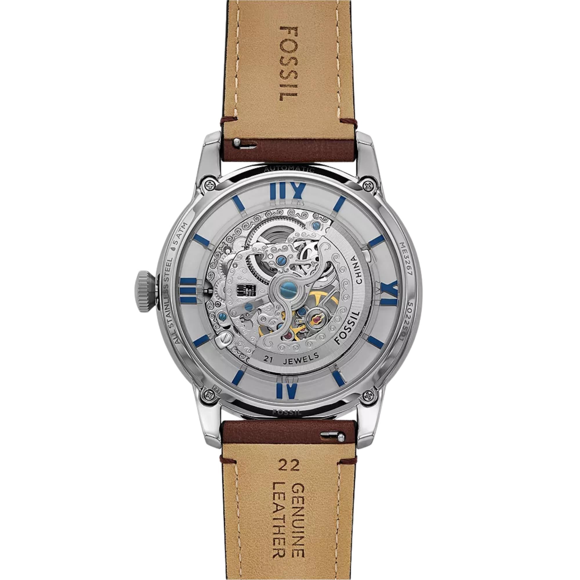 Fossil Townsman 44mm Skeleton Silver Dial Leather Mens Automatic Watch ME3267