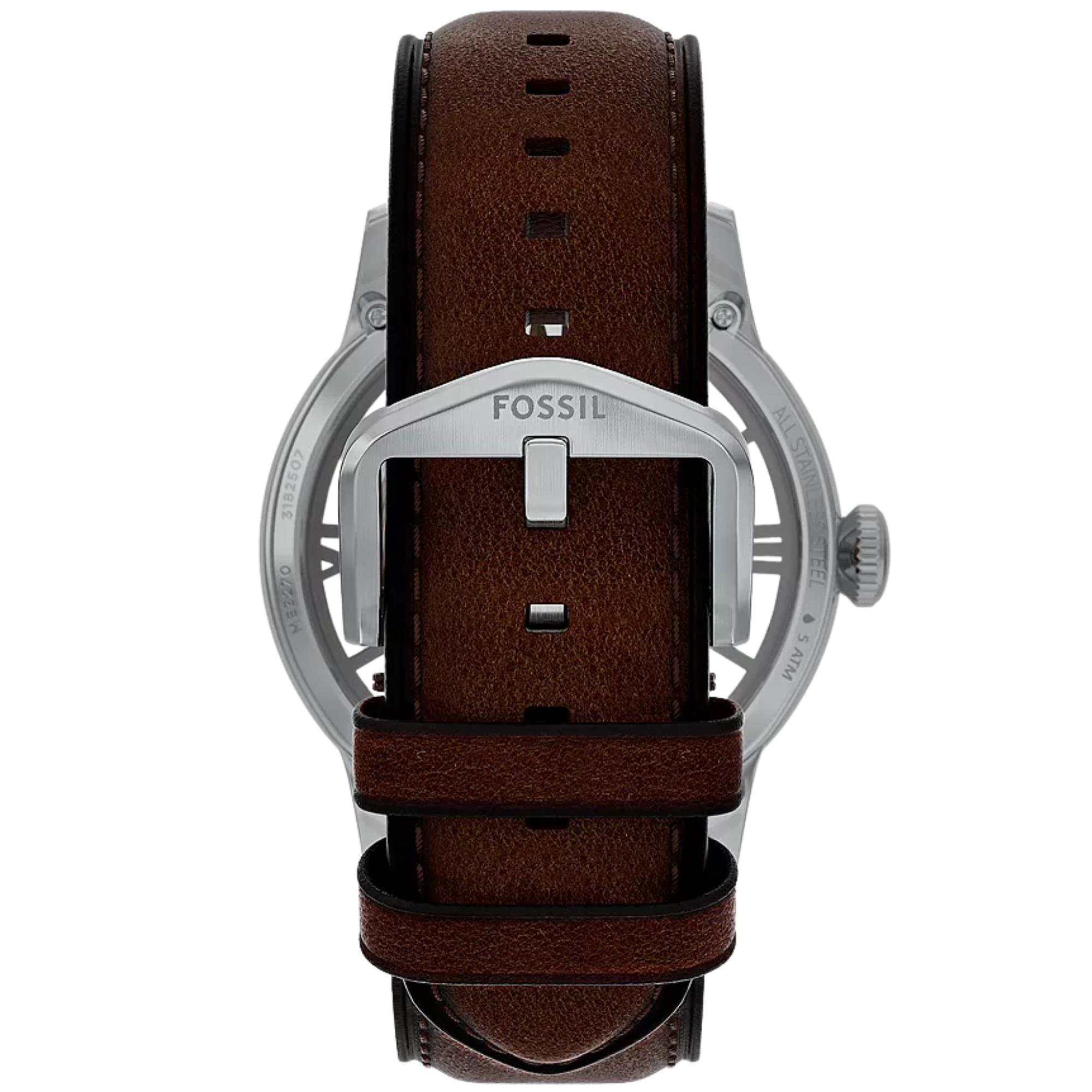 Fossil Townsman 44mm Skeleton Silver Dial Leather Mens Automatic Watch ME3270