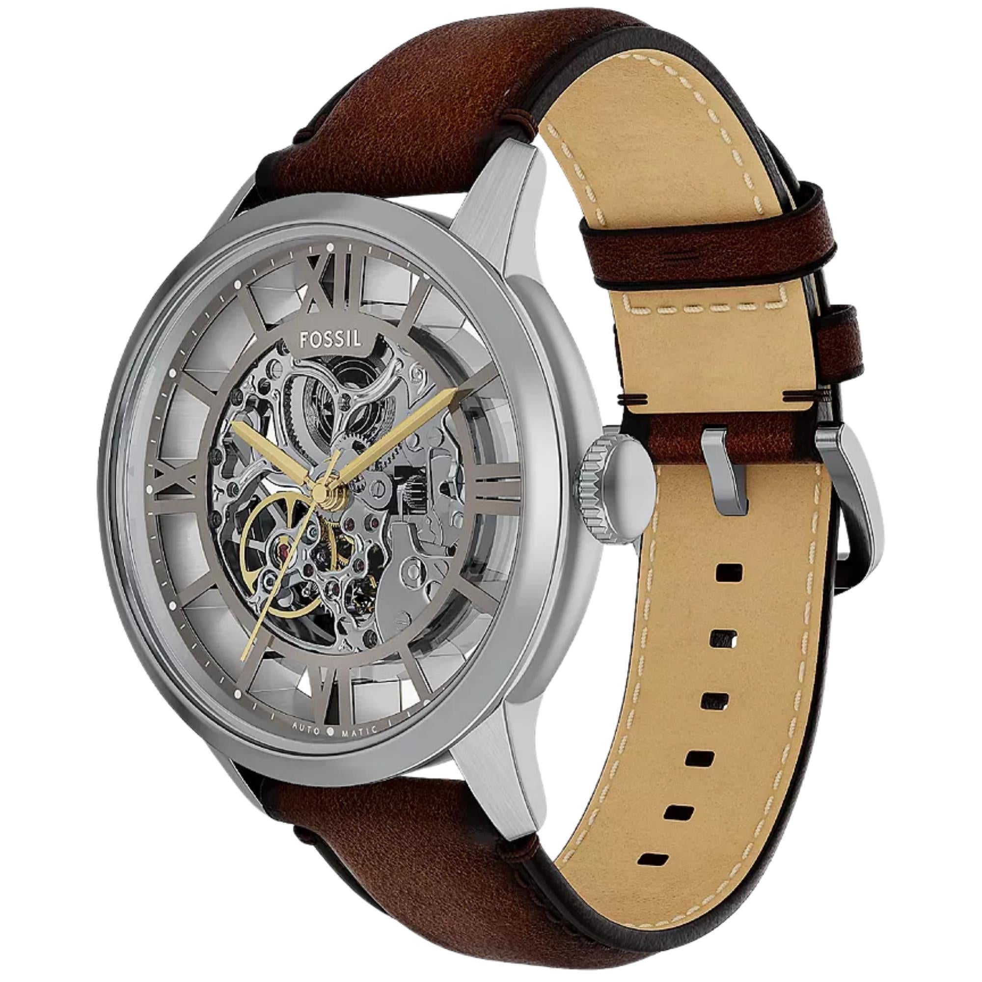 Fossil Townsman 44mm Skeleton Silver Dial Leather Mens Automatic Watch ME3270